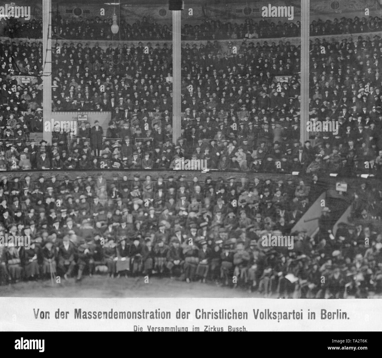 Supporters of the Centre Party, which at that time still bore the alternative name of Christliche Volkspartei (Christian People's Party) gather in Zirkus Busch Berlin. Stock Photo