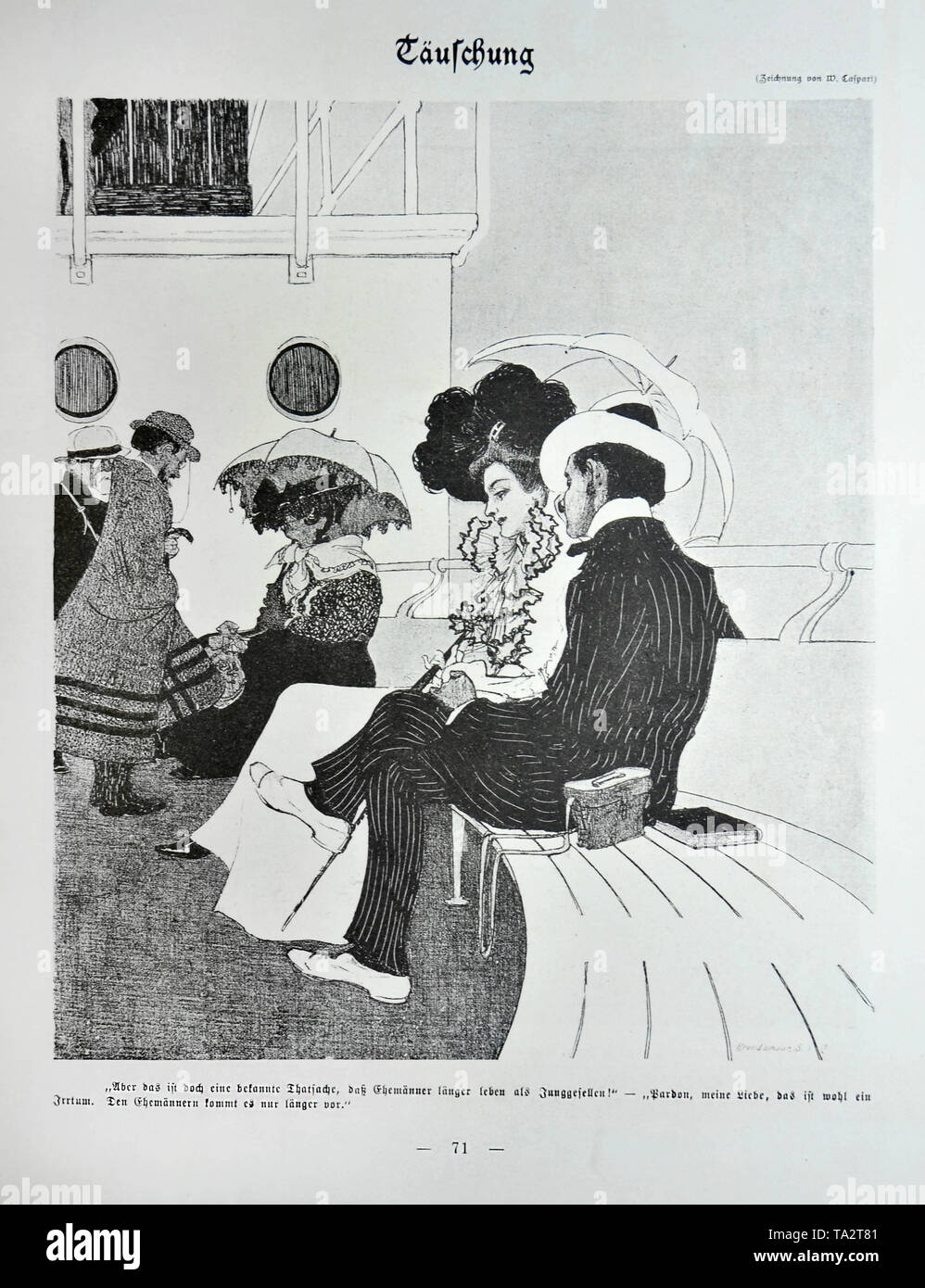 Cartoon from the satirical magazine "Simplicissimus". Title of the drawing is "Taeuschung" ("Deception") by cartoonist Caspari Walter. . Shown in Simplicissimus vol. 5, issue no. 9, p. 71. Under the picture: "But it's a known fact that husbands live longer than bachelors!" - "Baron, my dear, this is a mistake. It only feel longer to the husbands." Stock Photo