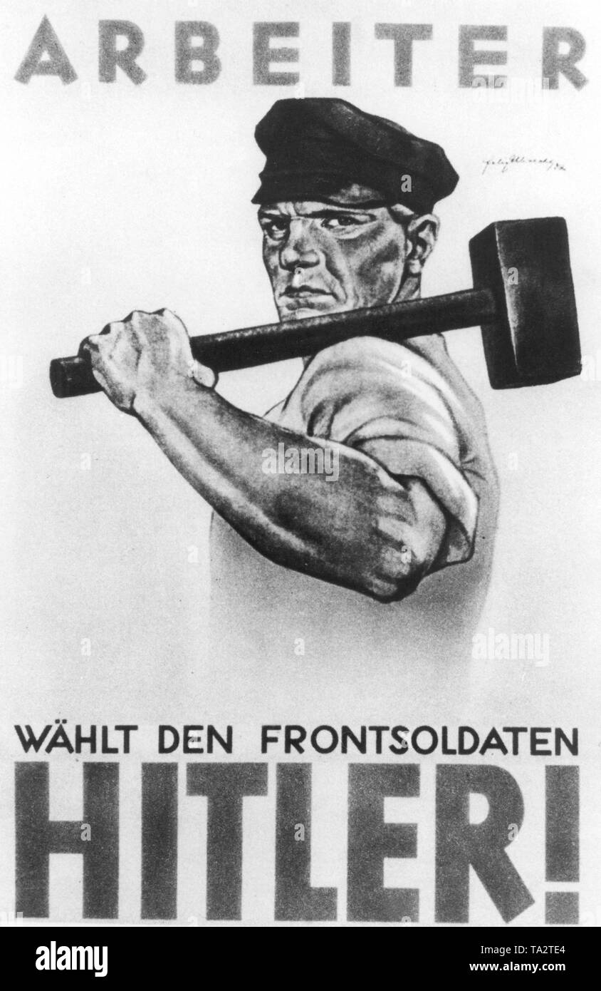 An election poster of the National Socialists shows a muscular worker