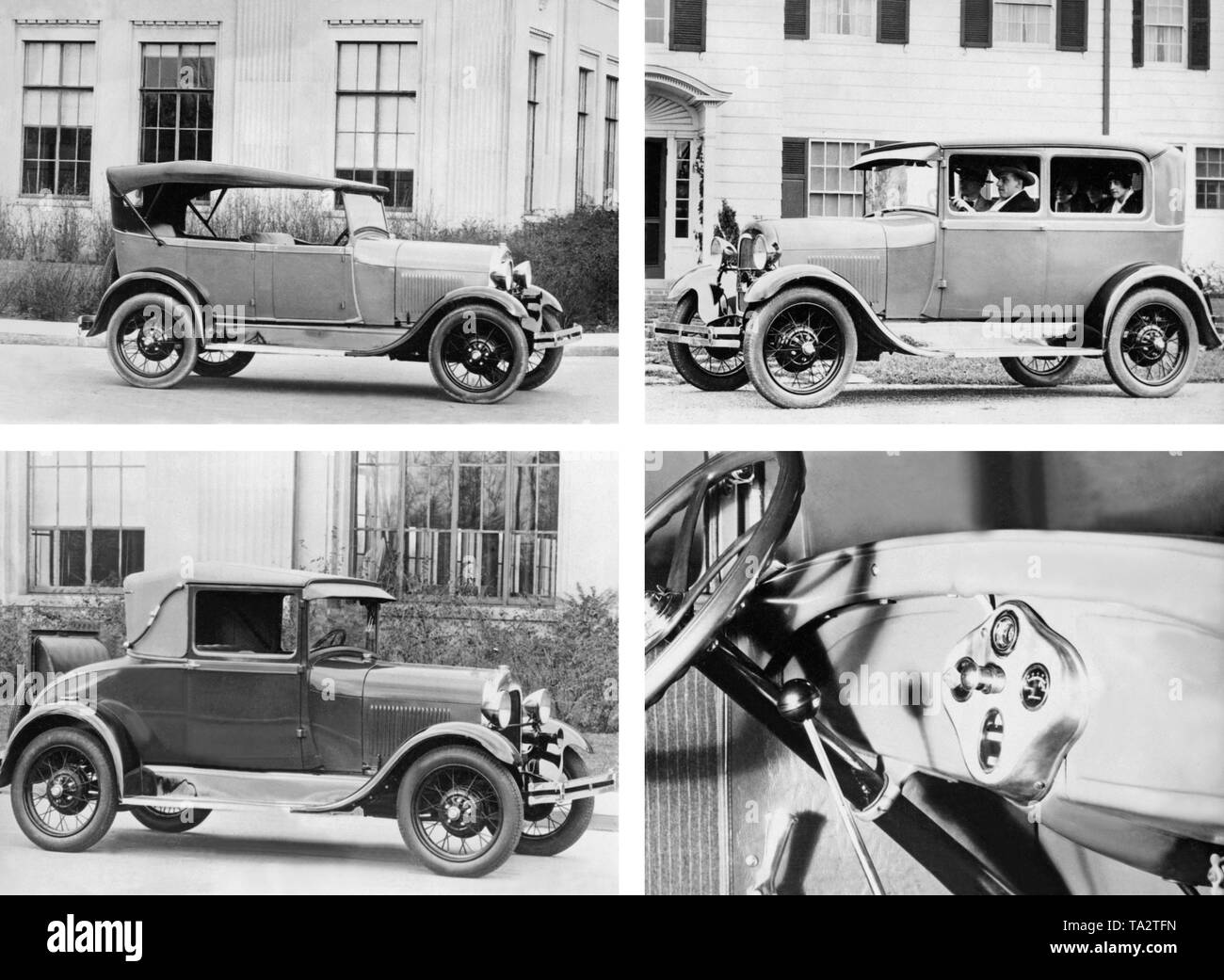 Top left: Ford Model A Phaeton, top right: Ford Model A Tudor, bottom left:  Ford Model A Sport Coupe Stock Photo - Alamy