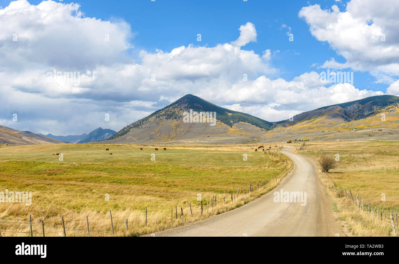 Autumn Mountain Ranch - Autumn view of cattle ranch in a mountain valley near the town of Crested Butte, Colorado, USA. Stock Photo