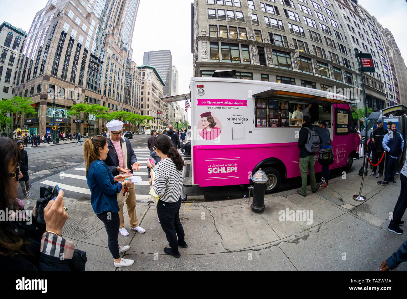 A â€œCarnegie Deliâ€ food truck promoting the Amazon Prime Video series â€œThe Marvelous Mrs. Maiselâ€ in New York on Tuesday, May 14, 2019.  The truck, a promotion for the series during the Upfronts, gave out free â€œMidgeâ€ and â€œSuzieâ€ deli sandwiches and black & white cookies. The Upfronts are a series of events held by the networks to promote their shows to advertisers. (Â© Richard B. Levine) Stock Photo