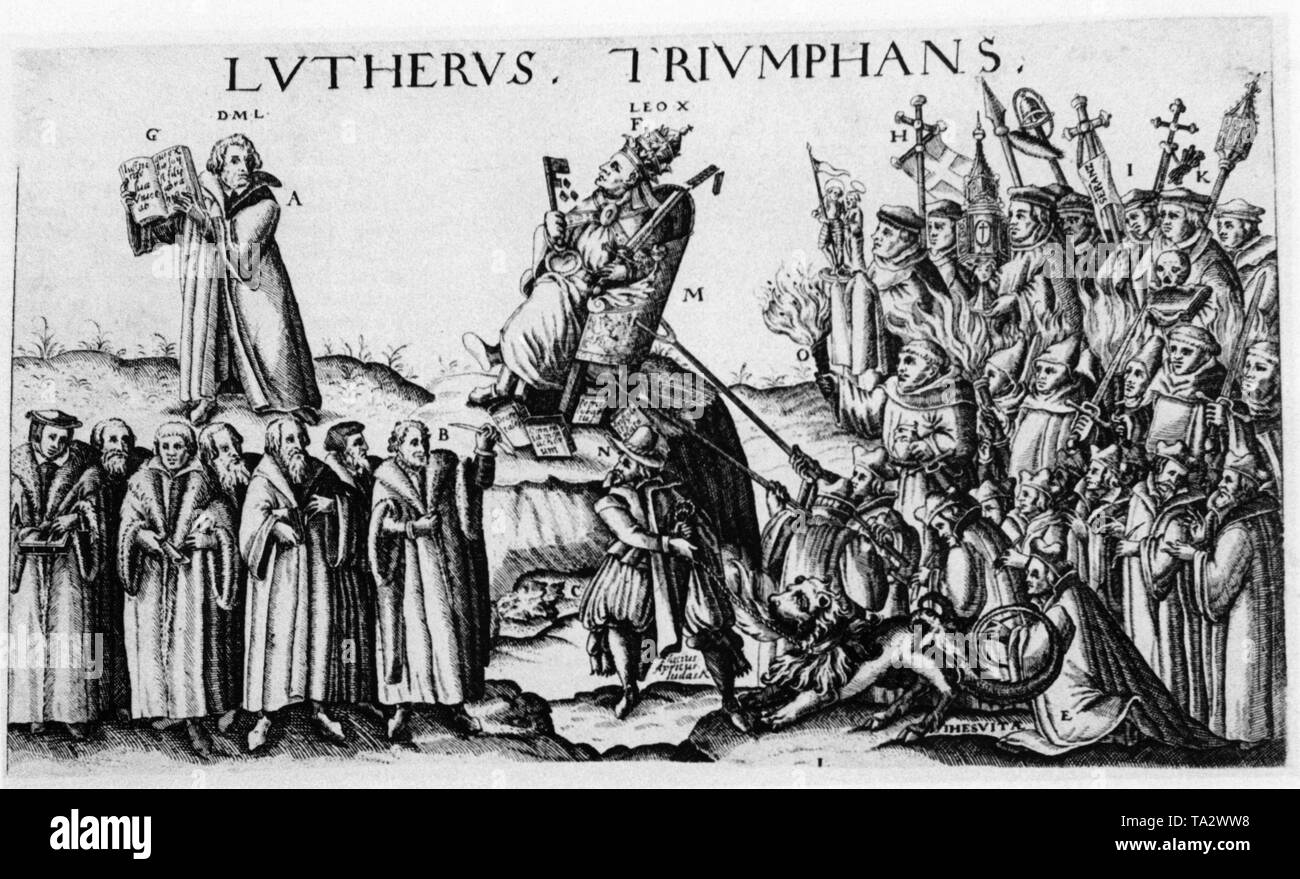 Similar to Moses, Martin Luther holds out the open Bible to Pope Leo X, whereupon the symbol of the Pope's power disintegrates and his throne slips, as the books upon which he stands disappear. Above, the Latin lettering 'Lutherus Triumphans'. On the right, the torches in the hands of the Dominicans indicate their role in the Inquisition, below, the Jesuits try to support the wavering papal throne. Copper engraving, illustration of a leaflet from 1568. Stock Photo