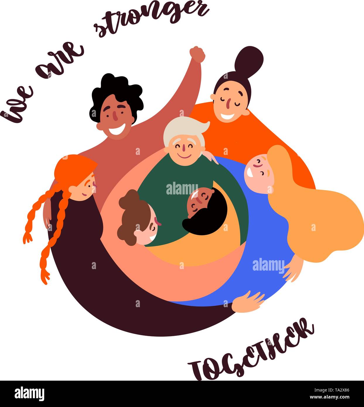 Woman empowerment. Women power in circle. We are stronger together. Diverse international and interracial group. For girls power concept, feminine, fe Stock Vector