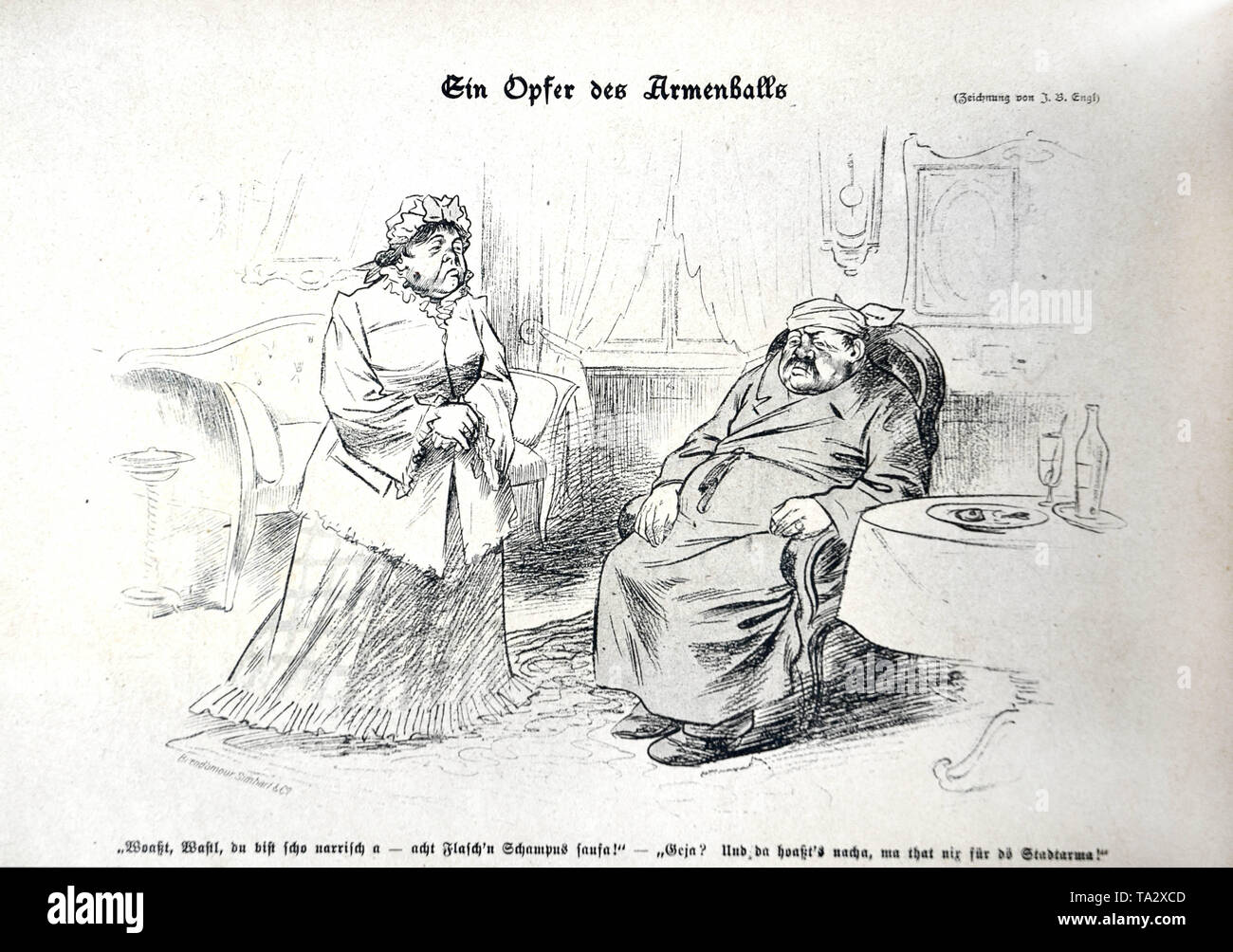 Cartoon from the satirical magazine 'Simplicissimus'. Title of the drawing is 'Ein Opfer des Armenballs' ('A Victim of the Ball for the Poor') by cartoonist Josef Engl Benedikt. Pictured in Simplicissimus, vol. 5, issue no. 47, p. 378. Under the picture: 'Wow, Bastian, you are so foolish, drinking eight bottles of champagne!' - 'So what, that is nothing for the poor of the city.' Stock Photo
