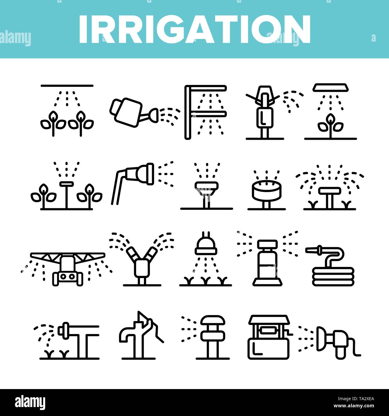 Sprinklers, Irrigation Technology Vector Linear Icons Set Stock Vector