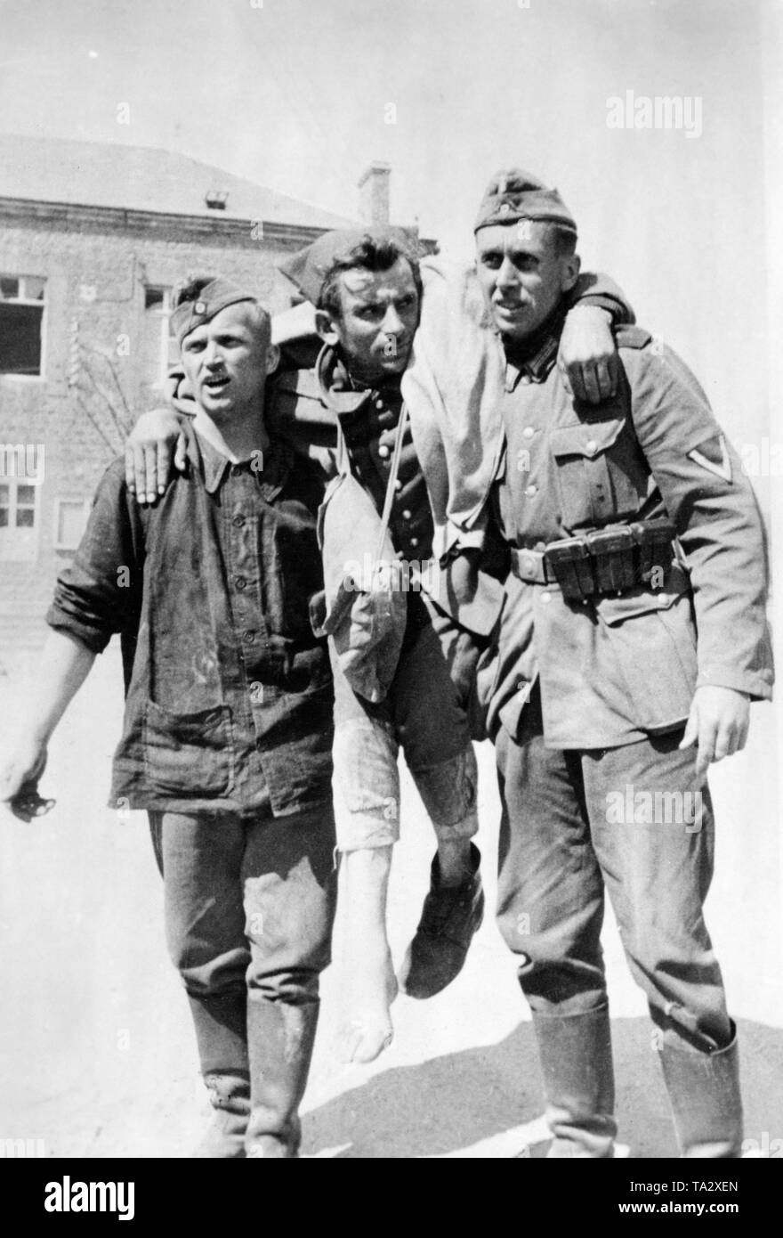 Two German soldiers carry a French prisoner of war to the dressing station. Photo: Brenner. Stock Photo