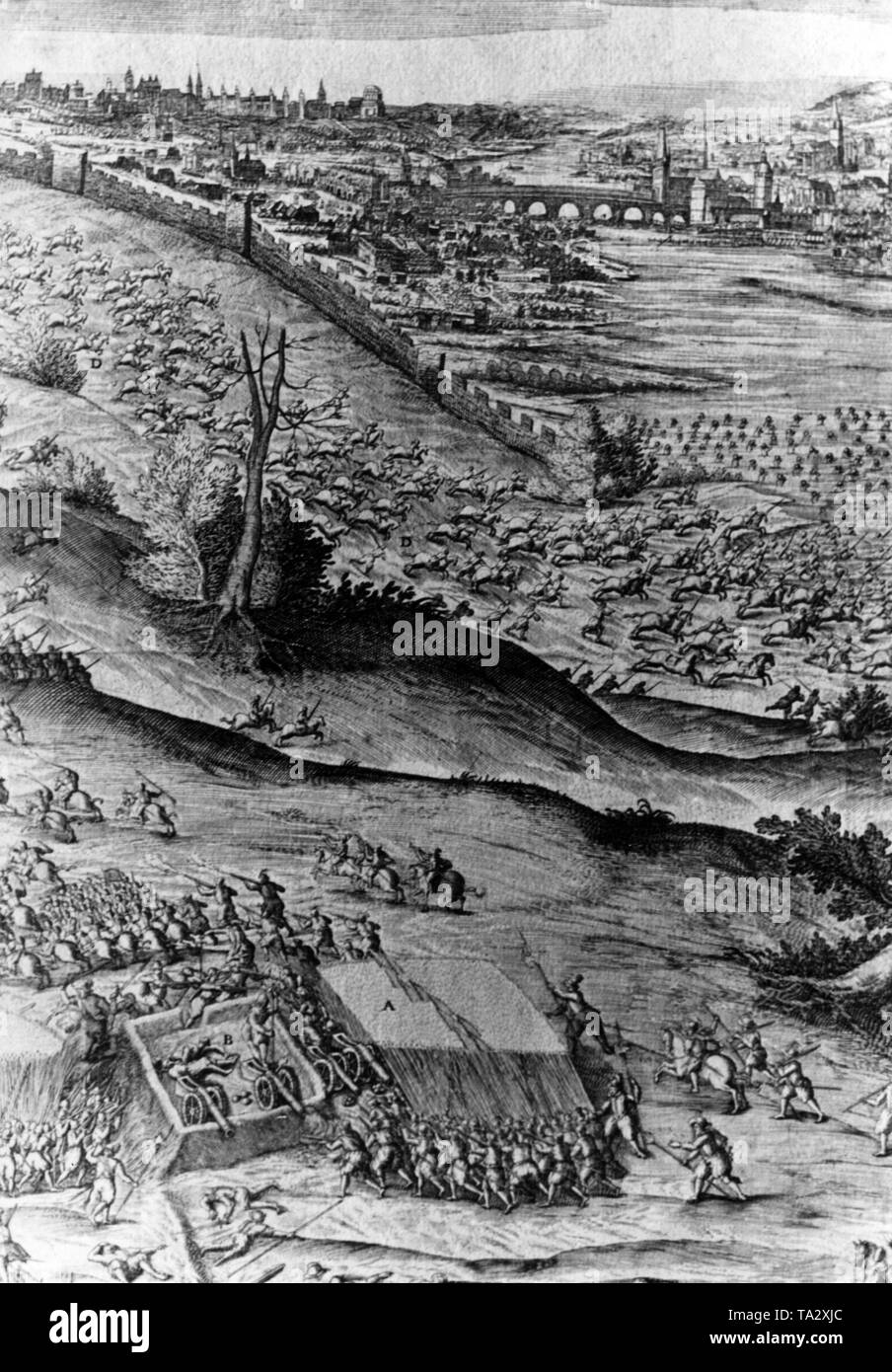 Partial view of an engraving by Sadeler. In this battle, the Protestant army under Frederick V of the Palatinate, the so-called 'Winter King', was defeated by the troops of the Catholic League under the leadership of Tilly. This was an important battle in the early stages of the Thirty Years' War. Stock Photo