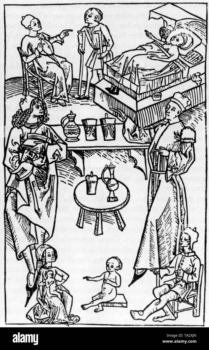 A doctor shows a medical student different clinical pictures in an infirmary. The illustration is from the herbal book 'Ortus sanitatis', and was printed by Jacob Meydenbach in Mainz. Stock Photo