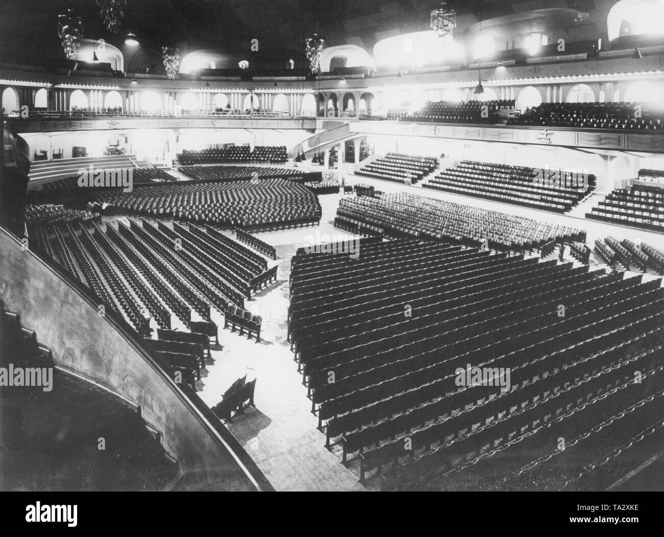 View of the empty Sportpalast in Berlin. The seating is arranged for a concert. Stock Photo