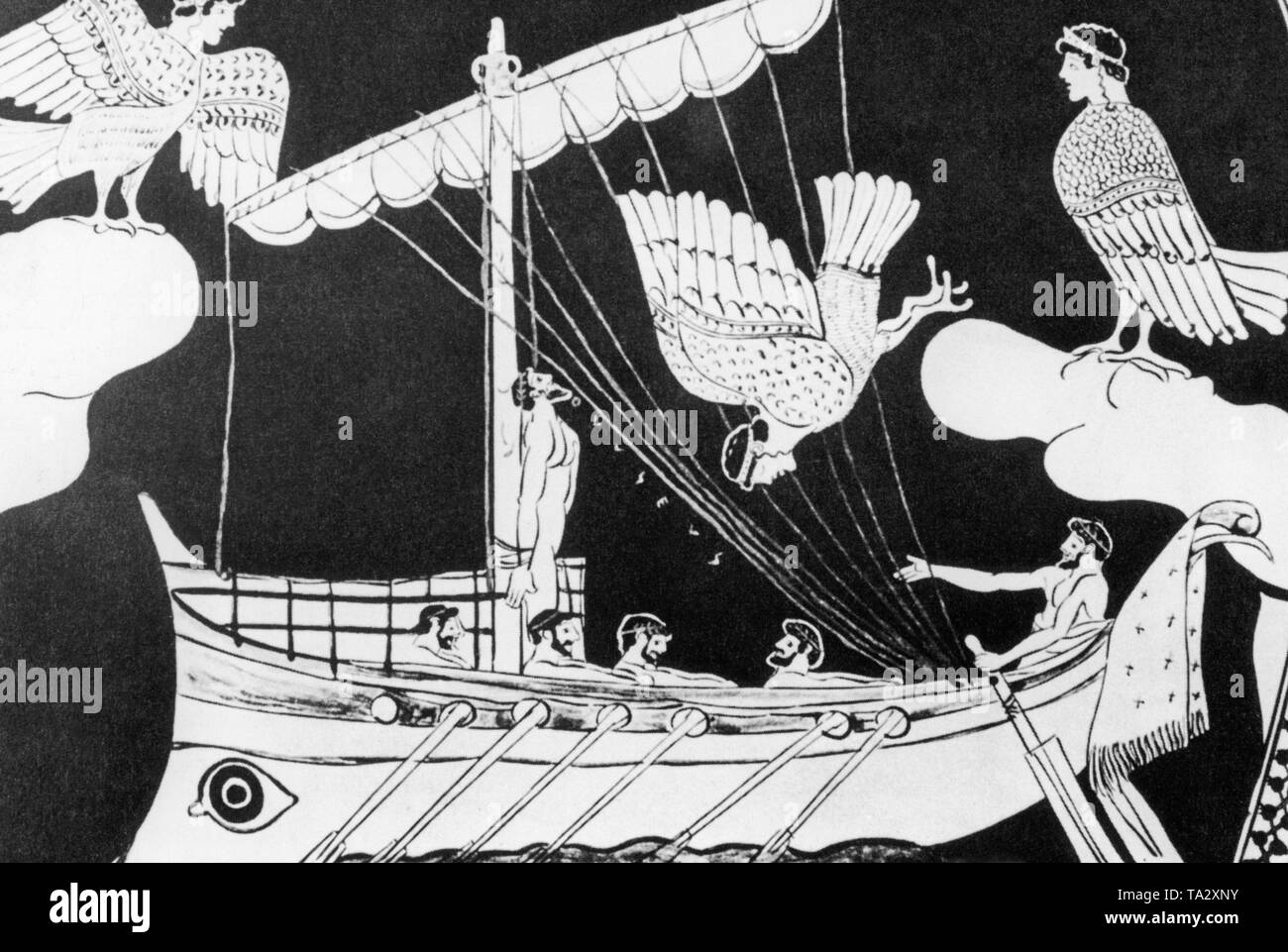An antique vase painting shows a scene from the Odyssey. Stock Photo
