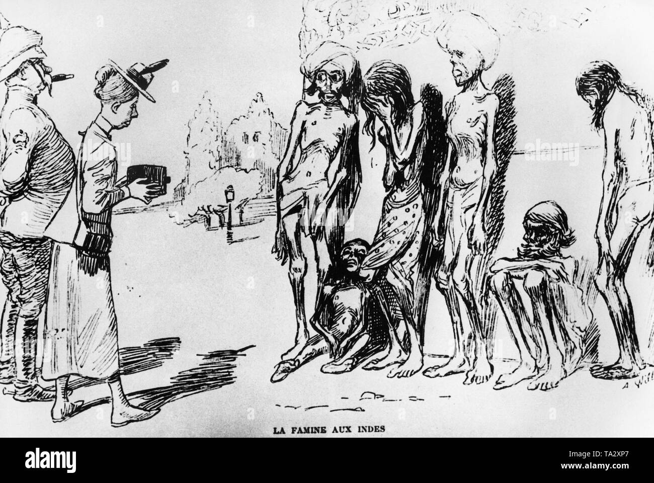 Contemporary cartoon about the English colony of Bengal. Two colonialists look at the starving natives. The caption reads: 'La famine aux indes' (Eng. The famine in India). Undated photo from around 1890. Stock Photo