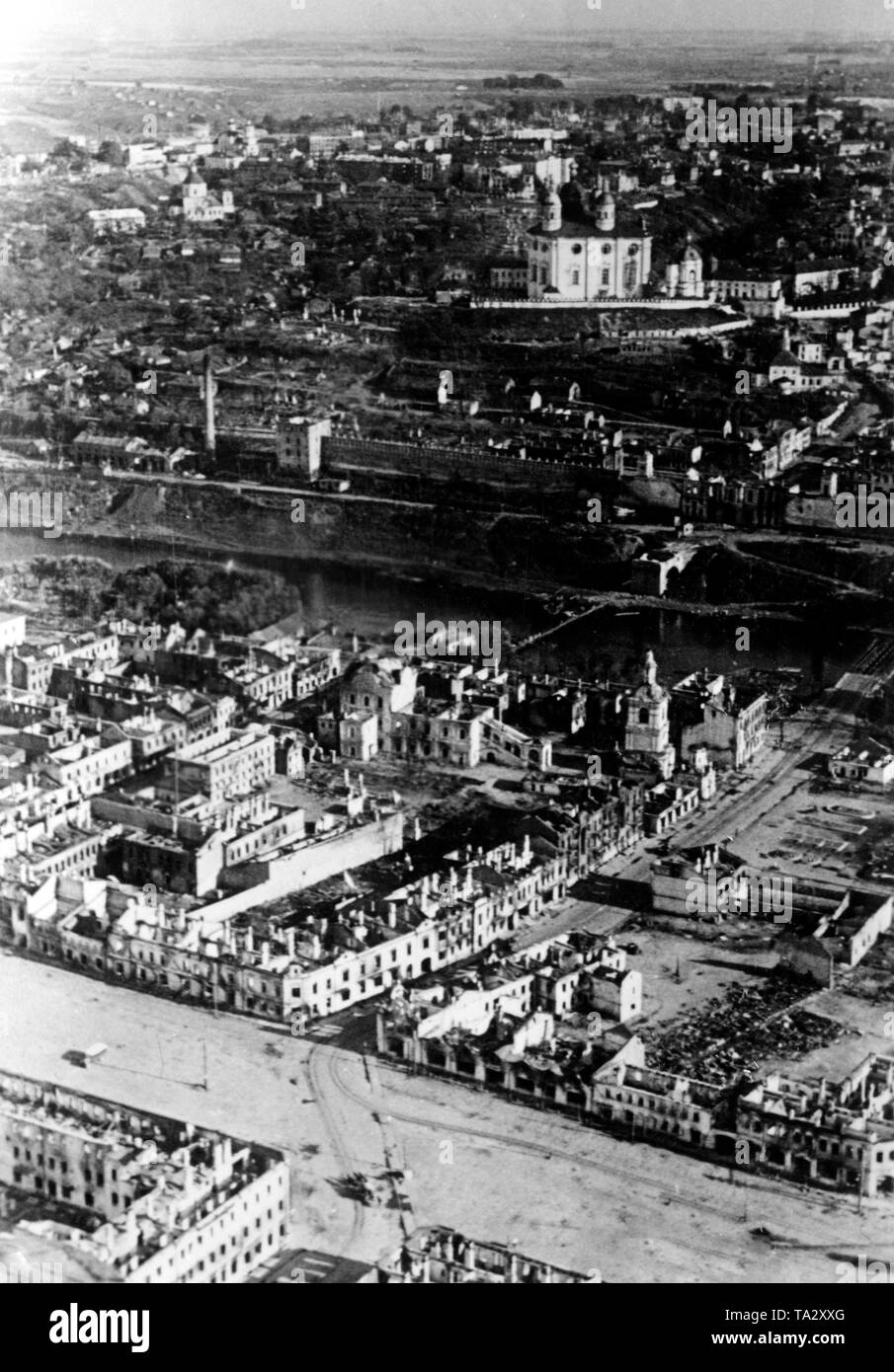Aerial view of Smolensk after being taken by the Germans. Stock Photo