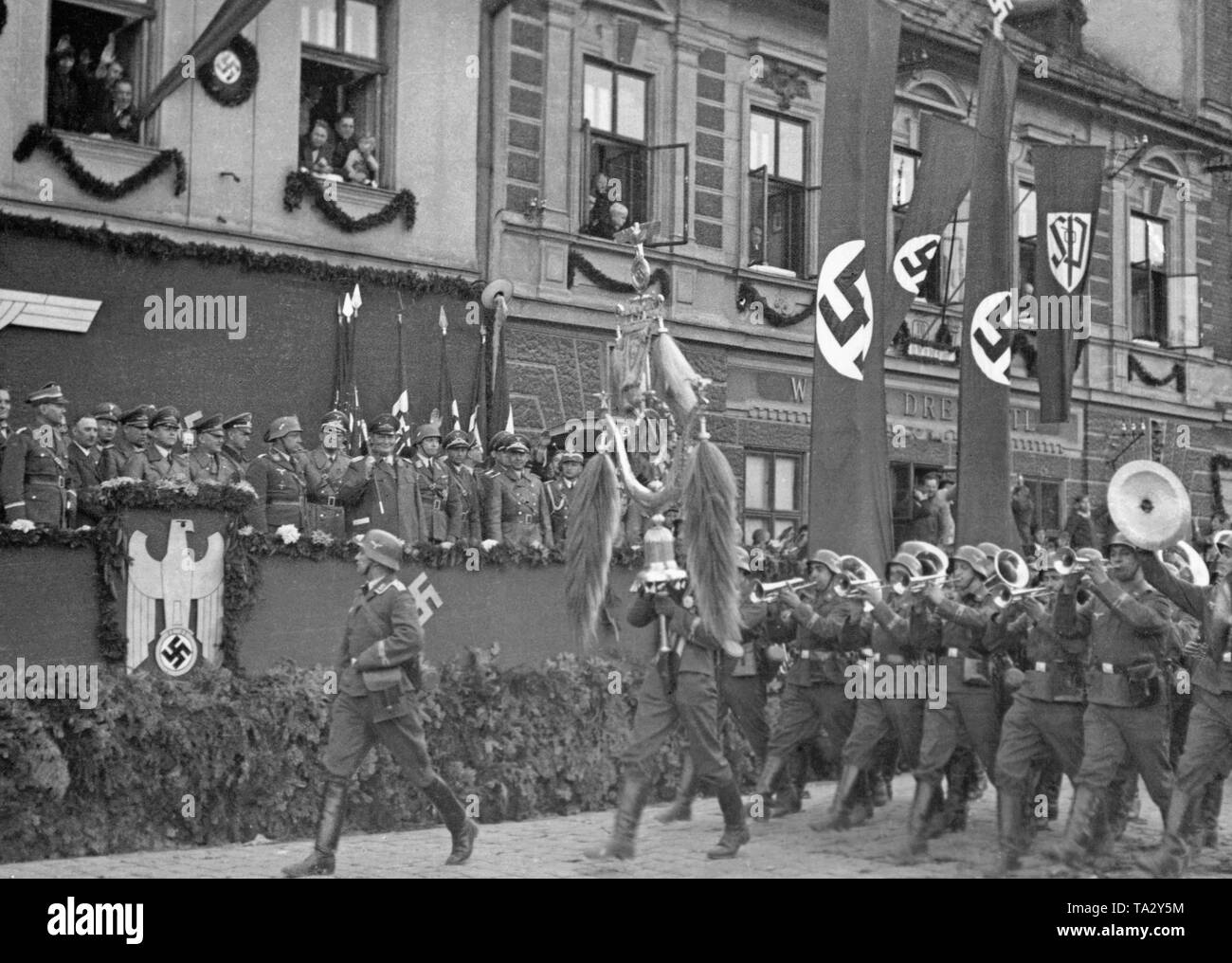 Scene of a parade of a Luftwaffe unit before Field Marshal General Hermann Goering in Freudenthal (today Bruntal) in the occupied Sudetenland on October 8, 1938. Stock Photo