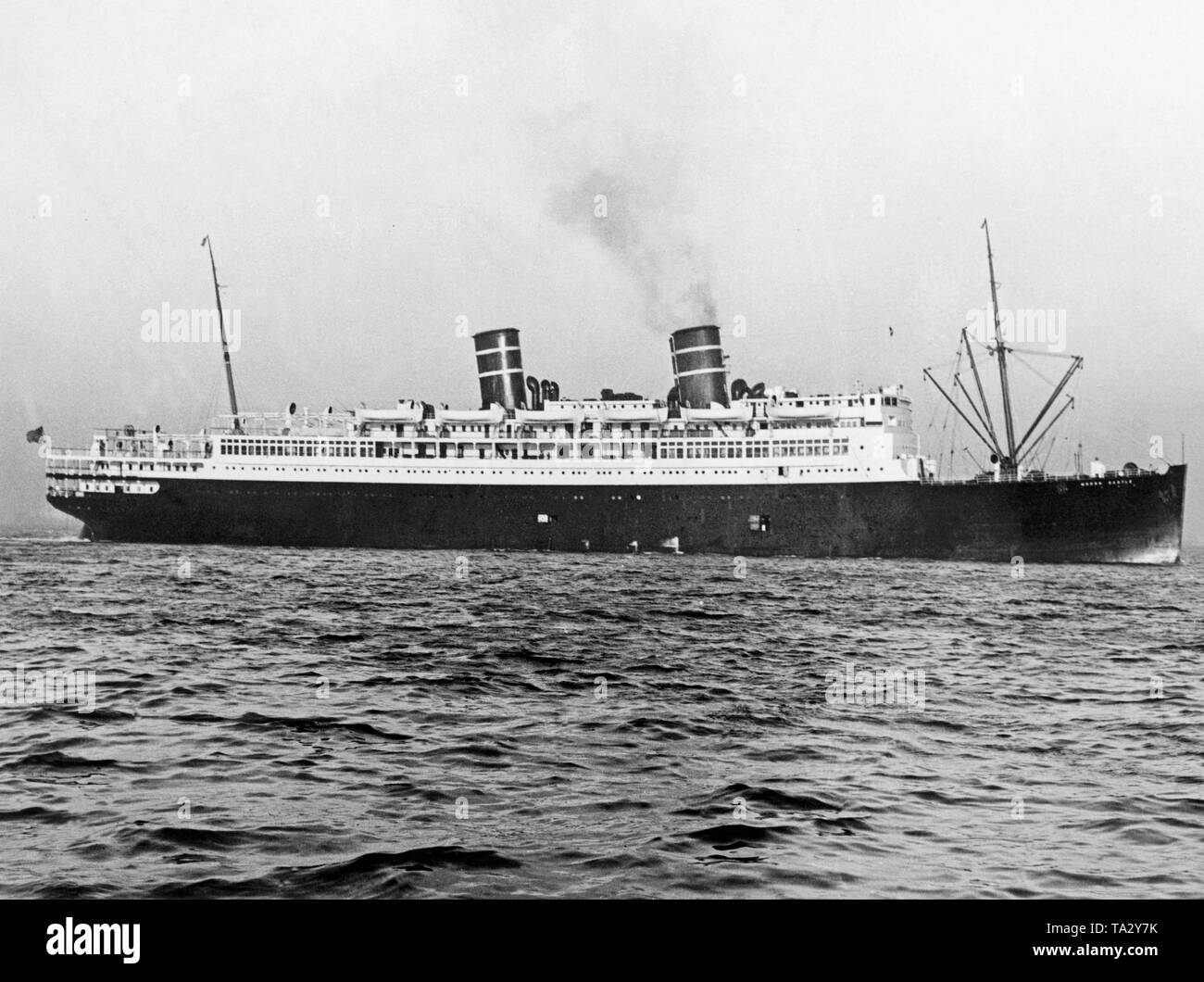 The 'Morro Castle' was a cruise ship that served the route New York-Havana. On 8 September, a fire broke out on board the ship at sea, the luxury liner burnt out completely, 137 people died. Stock Photo