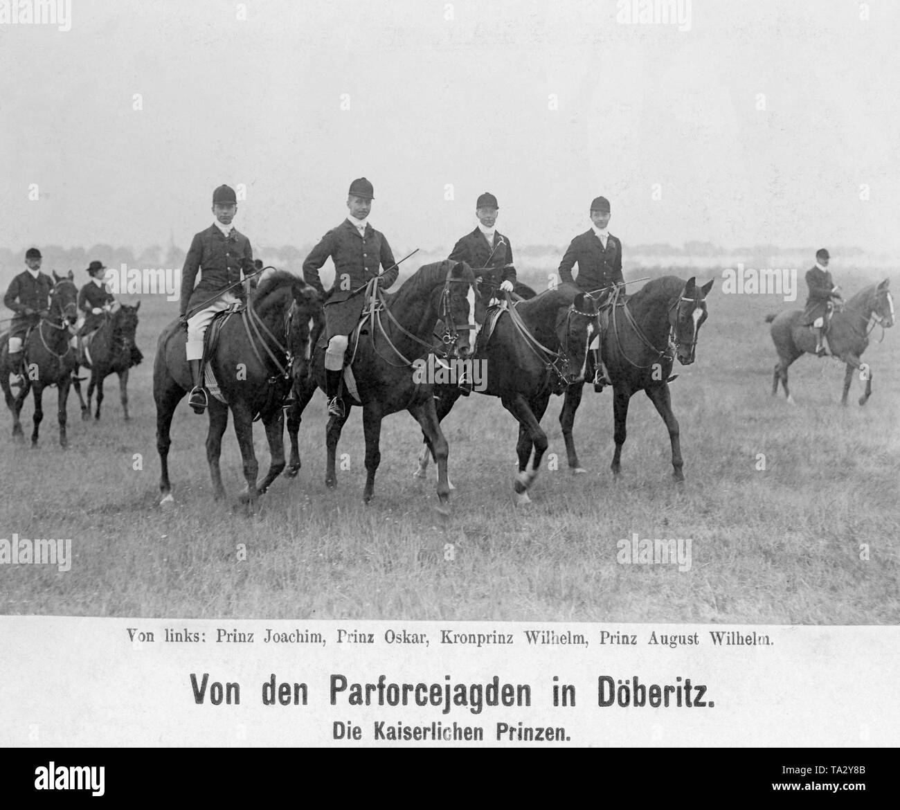 Crown Prince Wilhelm with the imperial family on a par force hunt in Doeberitz near Berlin. From left: Prince Joachim of Prussia, Prince Oskar of Prussia, Crown Prince Wilhelm of Prussia, Prince August Wilhelm of Prussia. Stock Photo