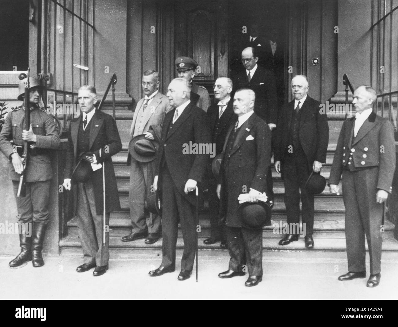 After the resignation of Chancellor von Bruening, Franz von Papen formed a new government, the so-called Cabinet of National Concentration. First row, from left: Chancellor Franz von Papen, Foreign Minister Konstantin Freiherr von Neurath, Food and Agriculture Minister Magnus Freiherr von Braun. Second row: Minister of Justice Franz Guertner, Defence Minister Kurt von Schleicher, Minister of the Interior Wilhelm Freiherr von Gayl, State Secretary of the Reich Chancellery Erwin Planck and Minister of Economic Affairs Hermann Warmbold. The picture was taken after the swearing in front of the Stock Photo