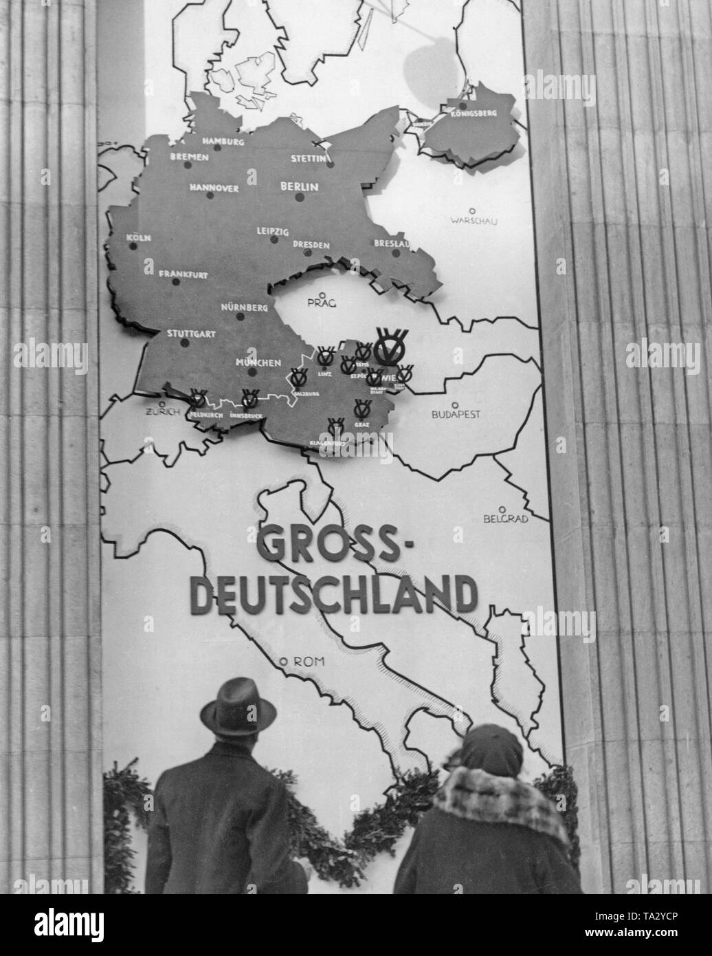 Since the annexation Austria belongs to the German Reich. The map of the Greater Germany hangs in a Viennese department store. Stock Photo