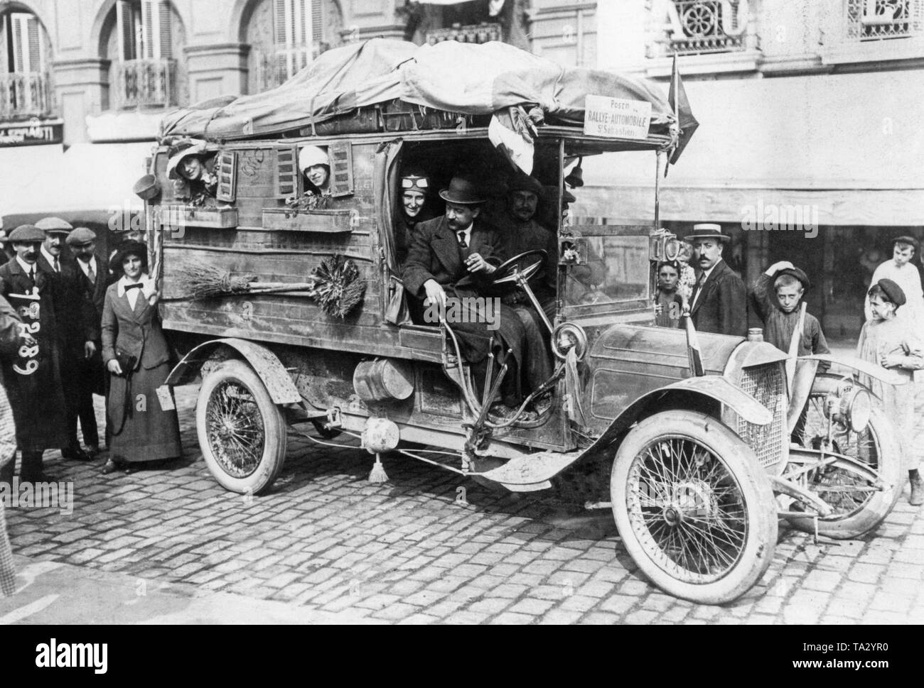 The ''Menagerie Gregoire', probably the first motorhome in the world with the capacity to transport eleven passengers on board, won rallye from Poznan in Poland to St. Sebastian in Spain. Stock Photo