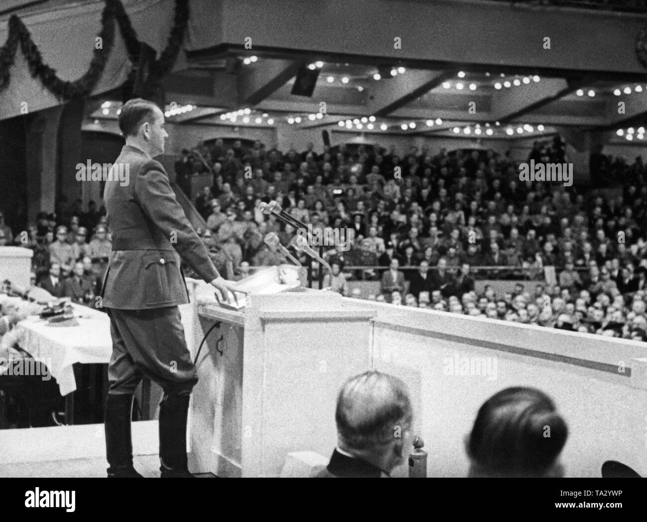 Albert Speer gives a speech at the Sportpalast in Berlin. Stock Photo