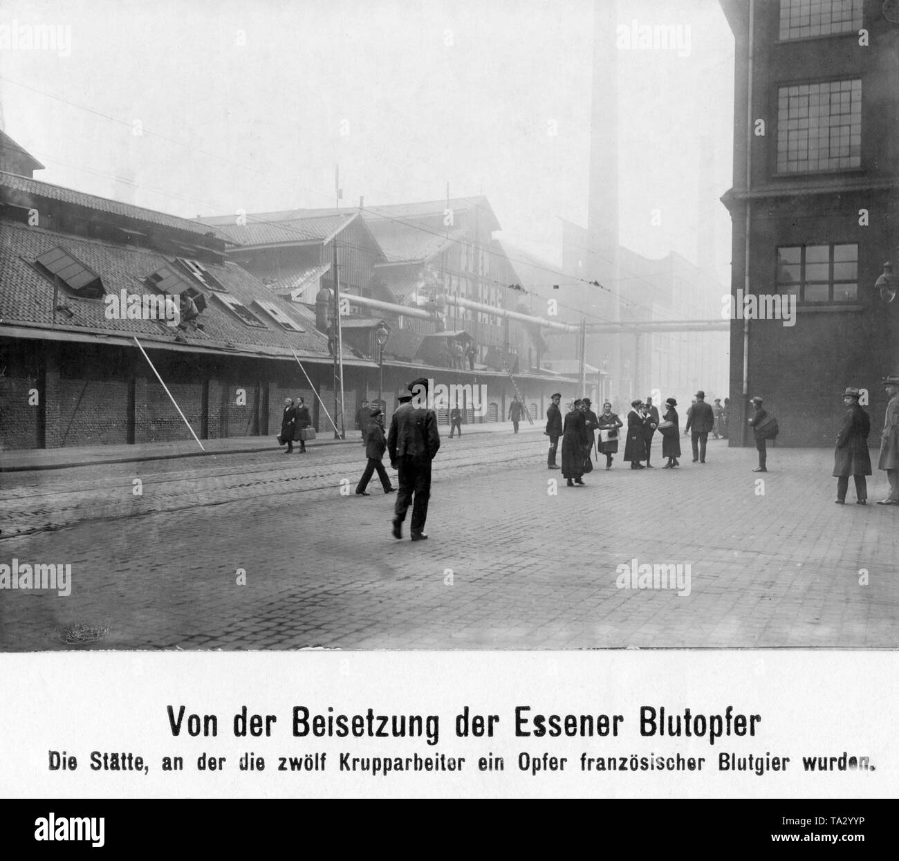 On March 31, 1923, twelve factory workers were shot dead by French soldiers on this square in the car garage in the Altendorferstrasse of the Krupp Works. Stock Photo