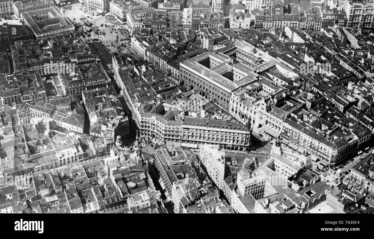 Aerial view of the center of Madrid during the Spanish Civil War on September 30, 1936. On the upper left is the Puerta del Sol, including the Plaza de Canelejas, and on the upper right, a part of the Gran Via. Stock Photo