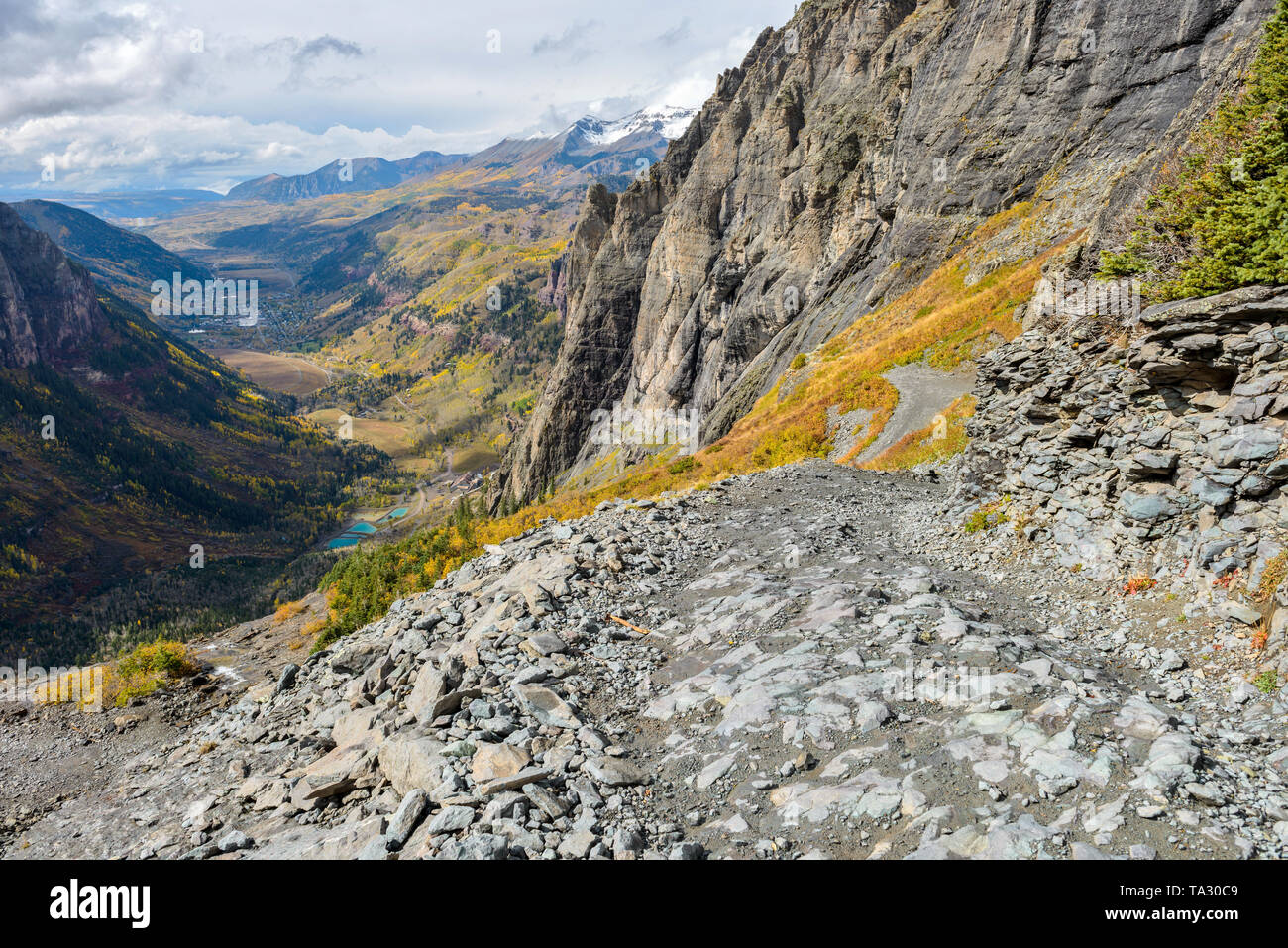 Tough High Mountain Road - An autumn day on a dangerous section of Black Bear Pass Trail, above the town of Telluride, Colorado, USA. Stock Photo