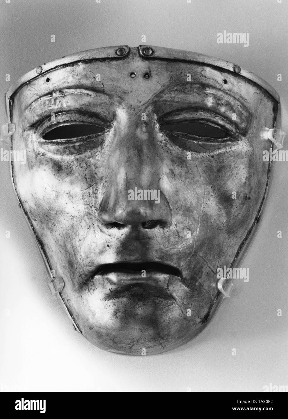 This mask helmet is from the excavation site Kalkriese near Osnabrueck and is the oldest Roman mask helmet. Stock Photo