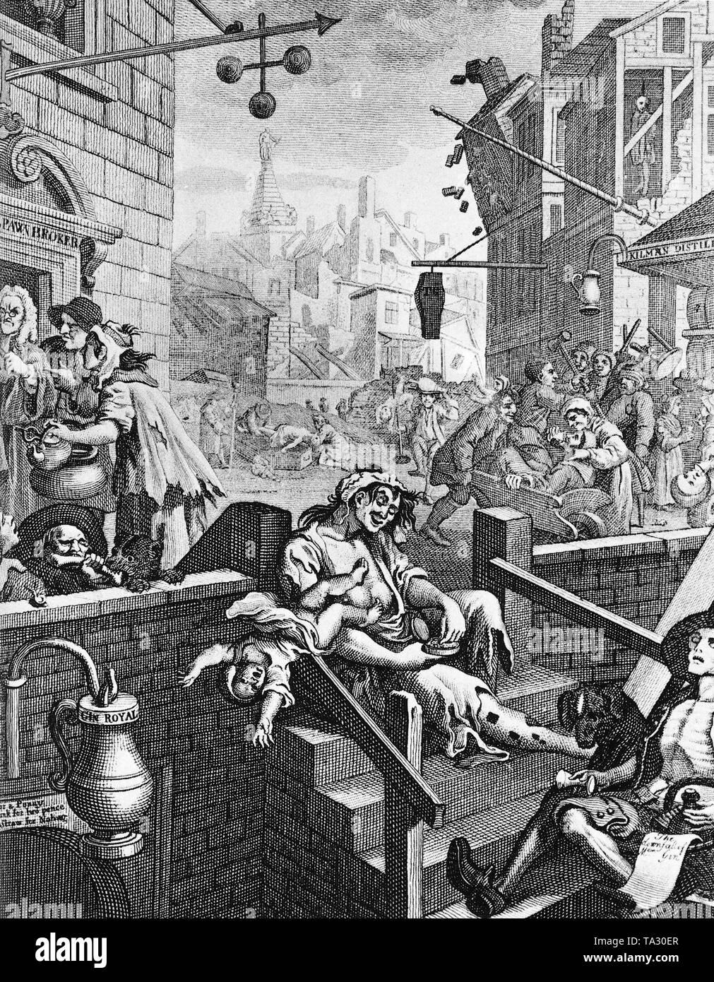 The engraving 'Gin Lane' (1751) by William Hogarth (1697-1764) depicts the misery in London in the 18th century. Hogarth draws a picture of London characterized by alcoholism and drug addiction. The mother in the foreground for example lets her baby fall while she takes a pinch of snuff. Stock Photo