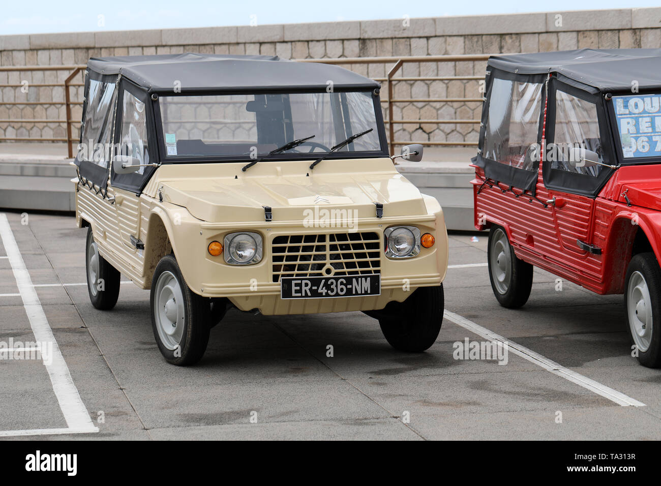 Nice, France - May 21, 2019: Vintage Beige Citroen Mehari (Front View) French Car Parked In A Parking Lot In Nice On The French Riviera Stock Photo