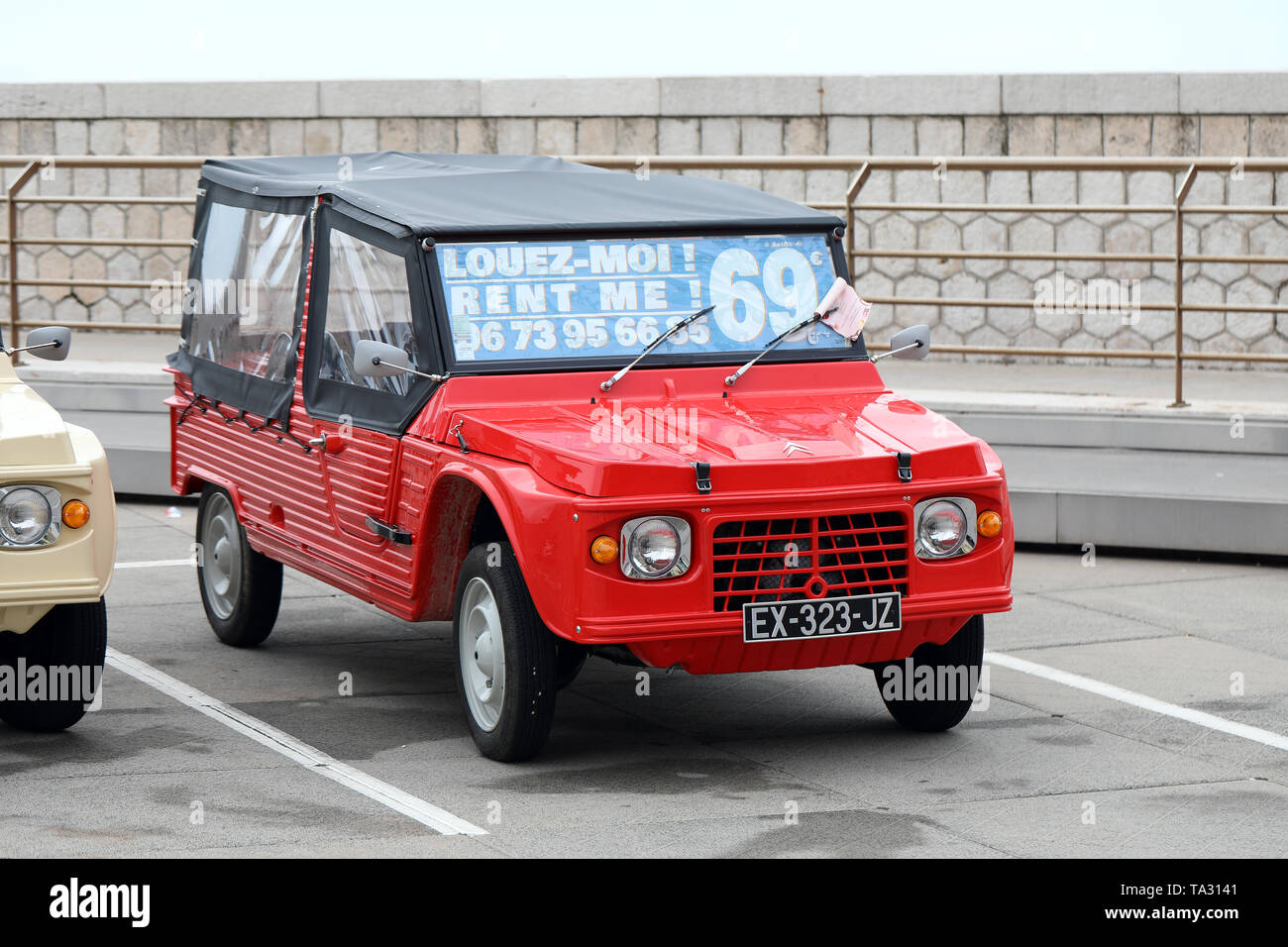 Nice, France - May 21, 2019: Vintage Red Citroen Mehari (Front View) French Car Parked In A Parking Lot In Nice On The French Riviera Stock Photo