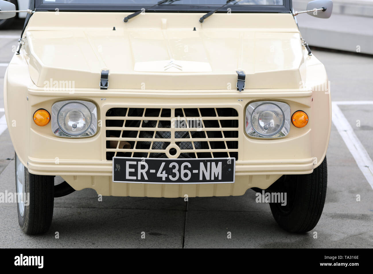 Nice, France - May 21, 2019: Vintage Beige Citroen Mehari (Front View) French Car Parked In A Parking Lot In Nice On The French Riviera - Close Up Vie Stock Photo