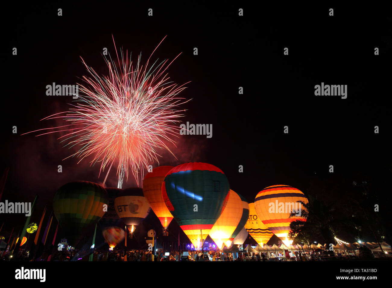 balloon festival with fireworks Stock Photo Alamy