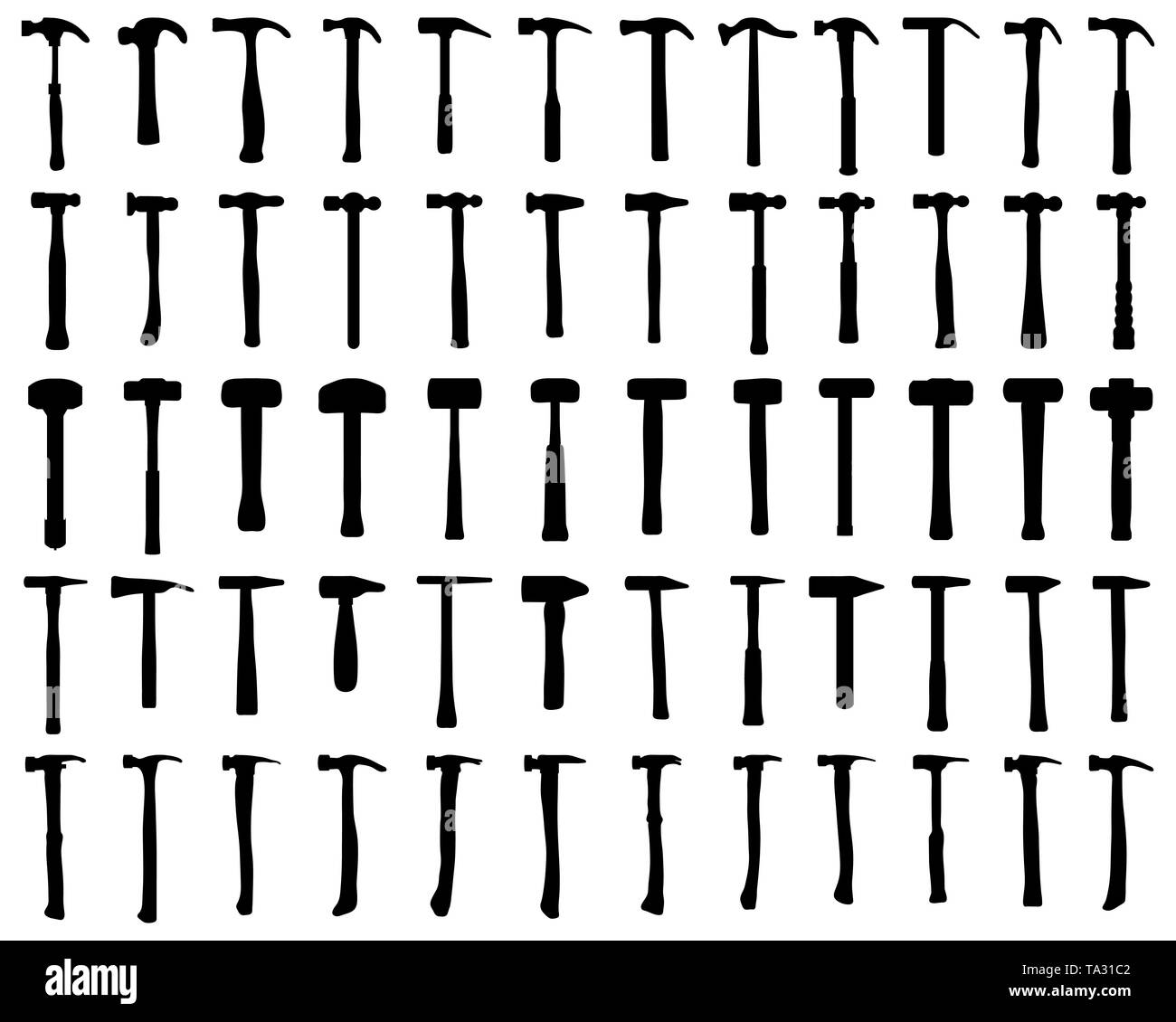 Black silhouettes of different hammer on a white background Stock Photo