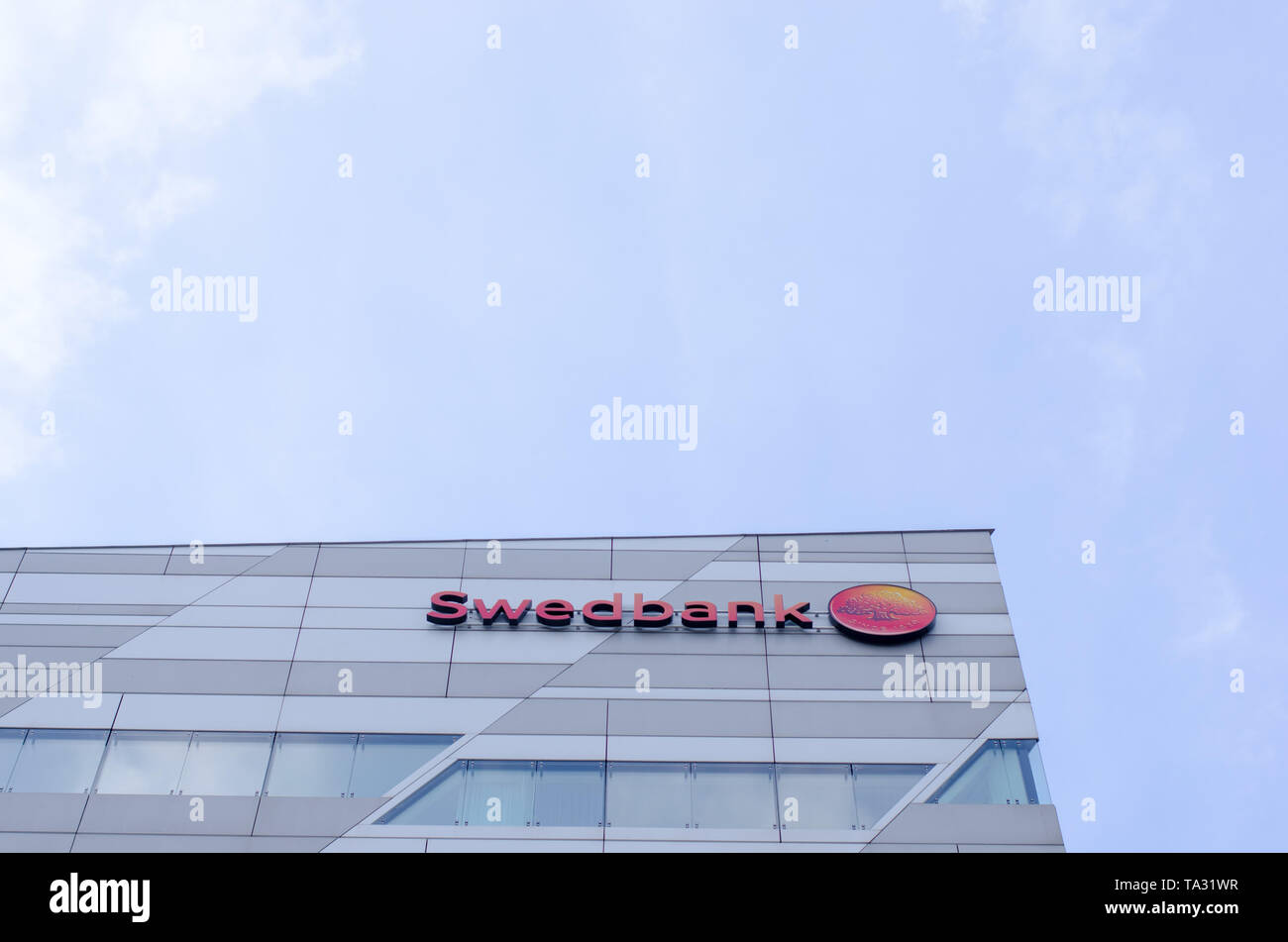 Stockholm, Sweden - 18 May 2019. A view from the outside of the swedish bank Swedbanks headquarter in Sundbyberg outside of Stockholm. Stock Photo