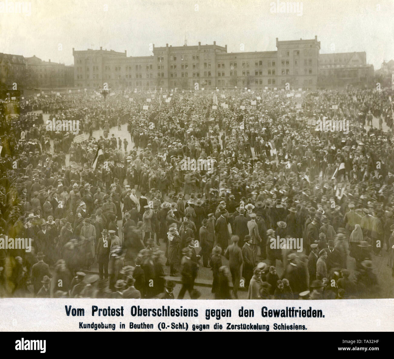 In Upper Silesian Beuthen residents protest with a public demonstration against the fragmentation of Upper Silesia between Germany and the newly founded Poland. Stock Photo