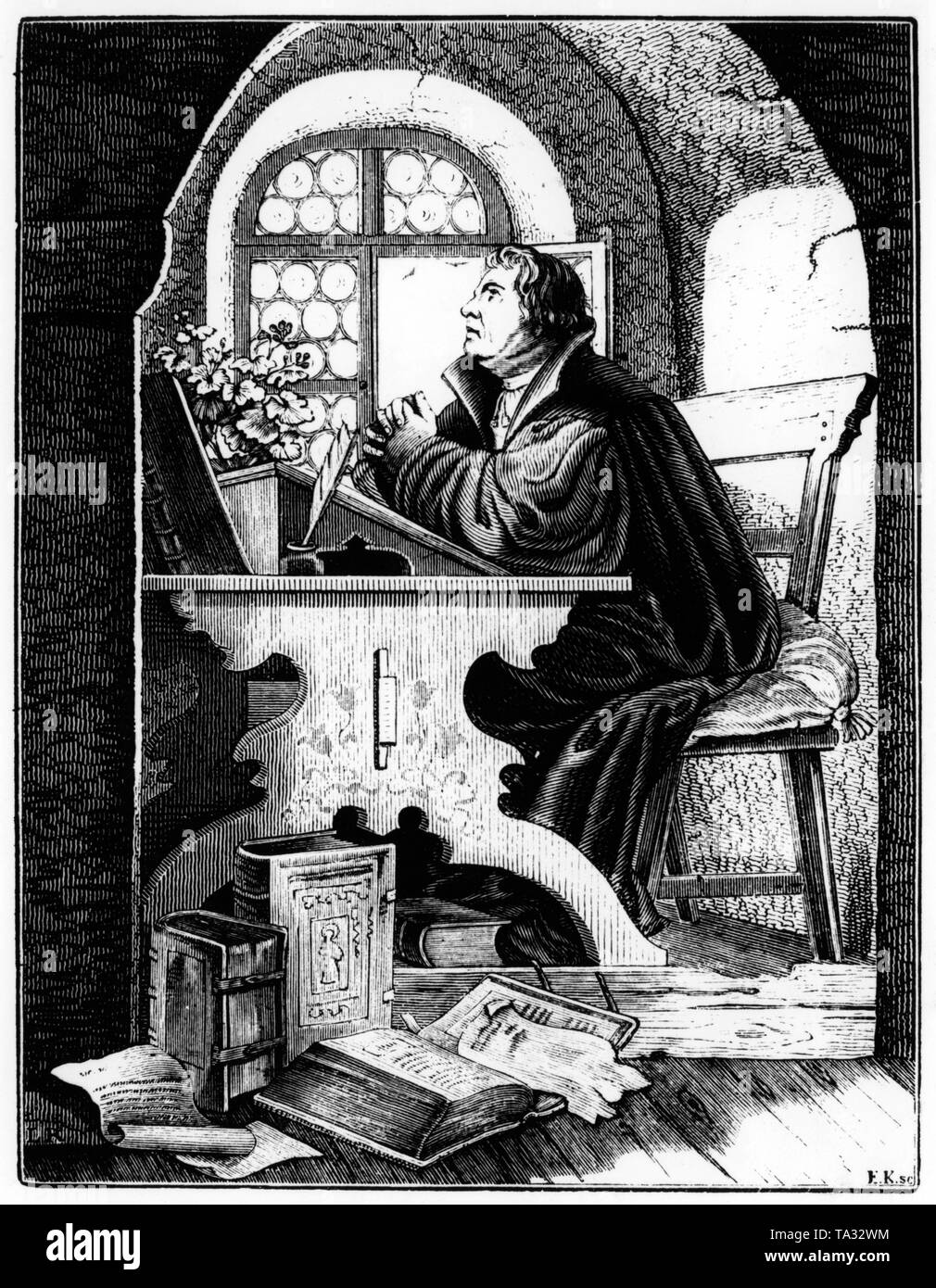 Martin Luther during his time as 'Junker Joerg' at the Wartburg. Here he made the first Bible translation into German. Woodcut by Ludwig Richter in the mid-19th century. Stock Photo