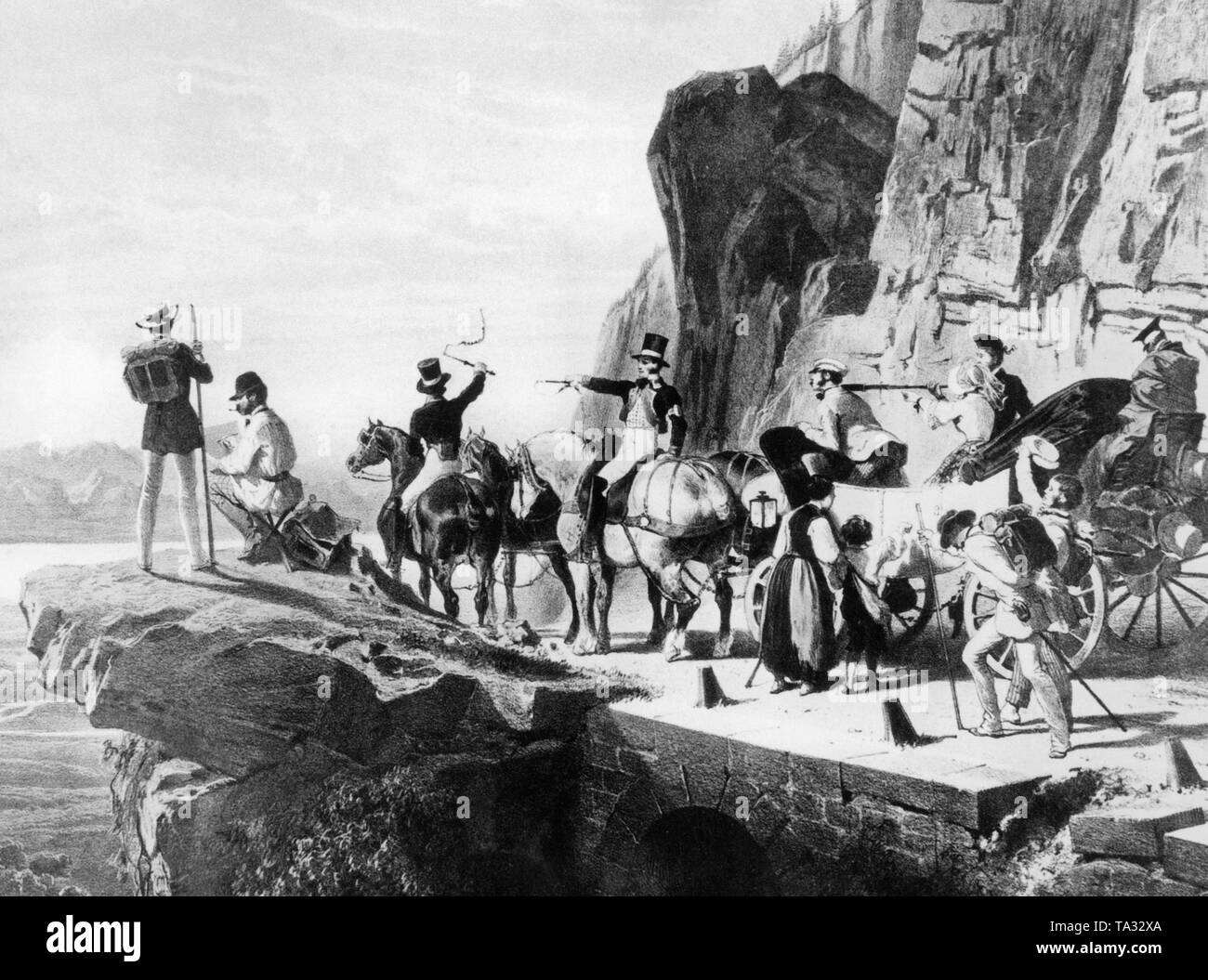 English travelers on a drive through the Alps. They travel through the mountains with horses and a carriage. Stock Photo