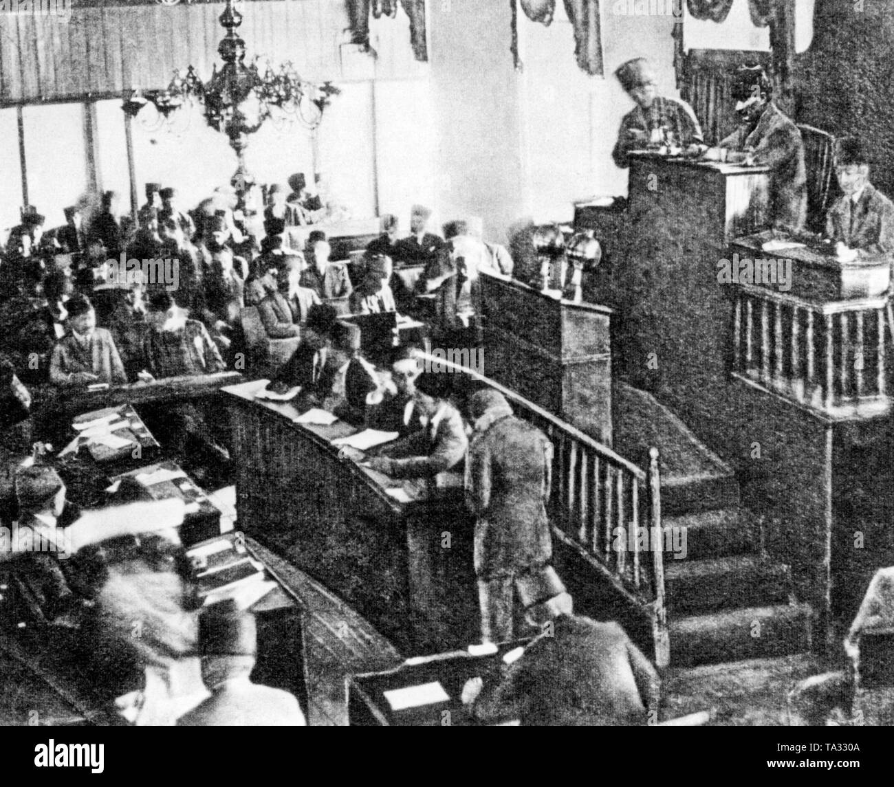 Mustafa Kemal Atatuerk on the president's place in the parliament of Ankara before the great counterattack against the Greeks. Stock Photo