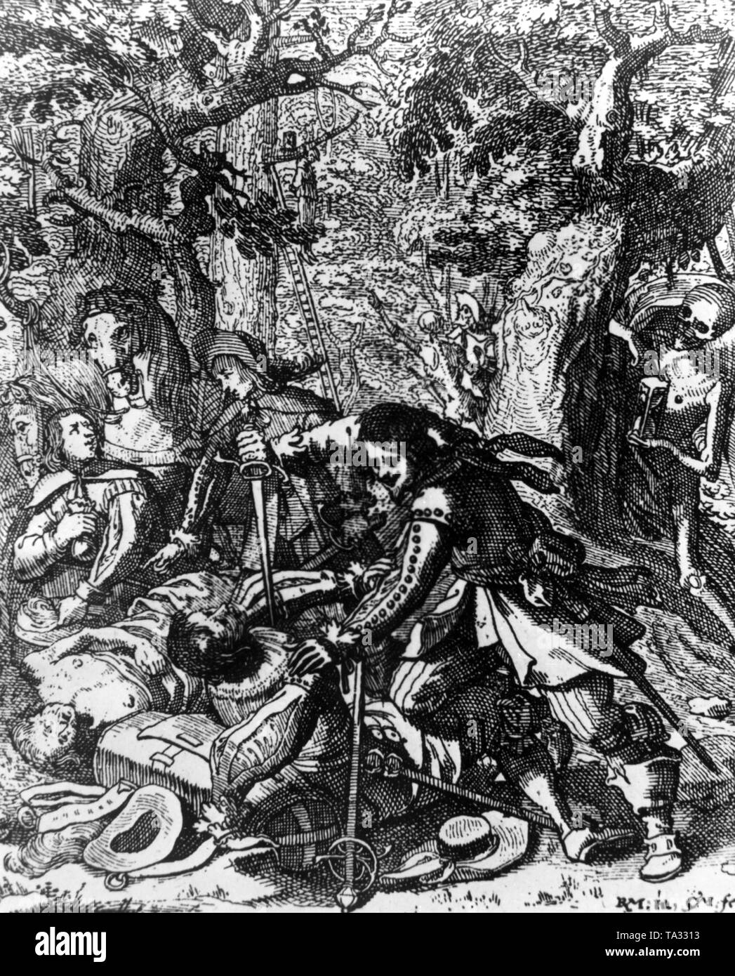 The draftsman illustrated dramatically the conditions on the streets of Germany during the Thirty Years' War, when marauding soldiers and highwaymen ransacked every traveler. The death behind the tree and the gallows as a final destination should serve as a warning. Stock Photo