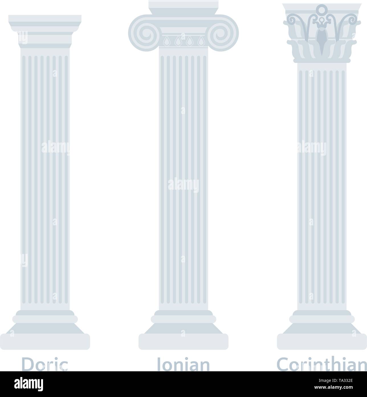 Ancient Greek columns flat icons. Types of Doric, Ionian, Corinthian vector illustration Stock Vector