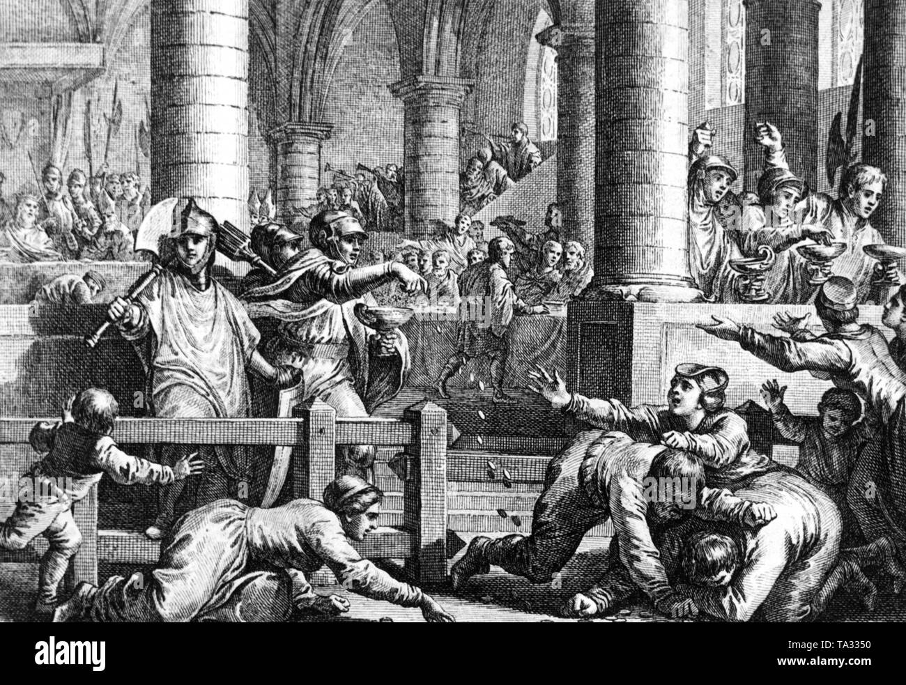 Court festival of the Frankish royal court under Pippin the Short, who was born around 715 AD and became king in 751 AD. King Pippin sits in the background on the left with the bishop and some followers. An engraving from Paris made around 1780 in the workshop of Jacques-Philippe Le Bas. Stock Photo