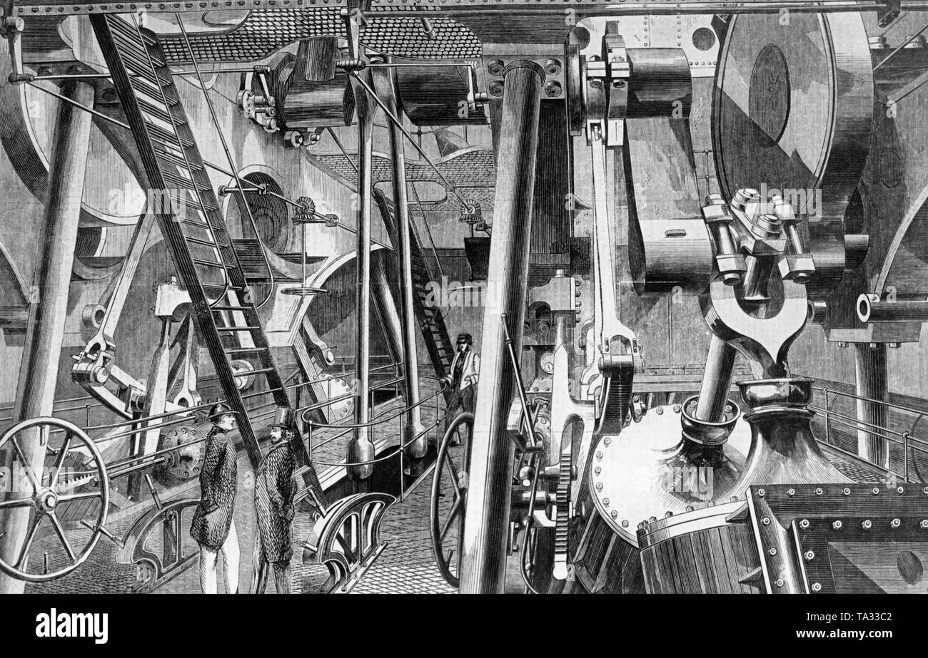 The engine room of the steamship 'Great Eastern'. At the time of her construction the 'Great Eastern' was the largest, man-made movable object and until 1899 the largest ship in the world. Stock Photo
