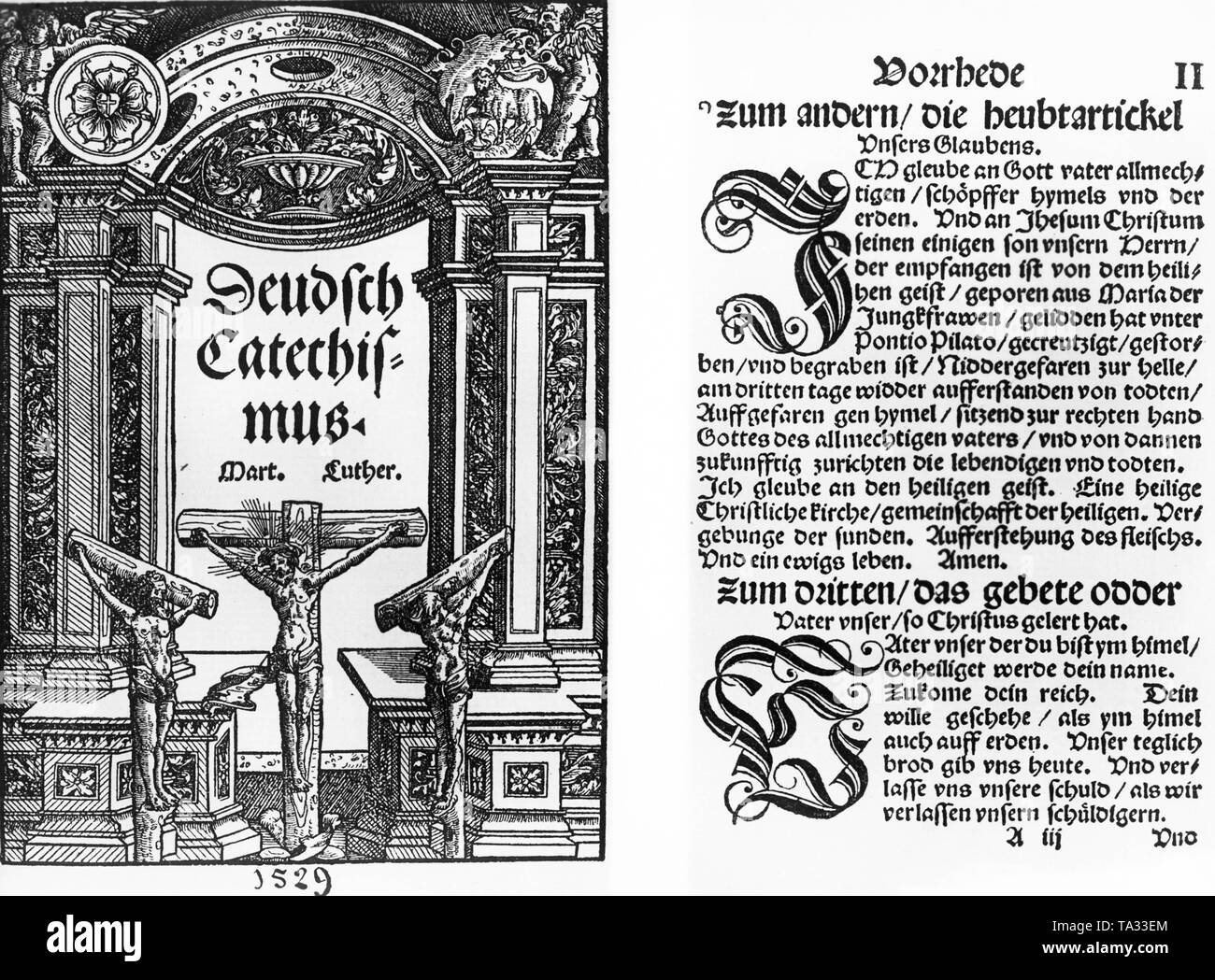Fscsimile of the first edition of Luther's Large Catechism, which still belongs to the Evangelical Church. First printed as a book in 1529. Stock Photo