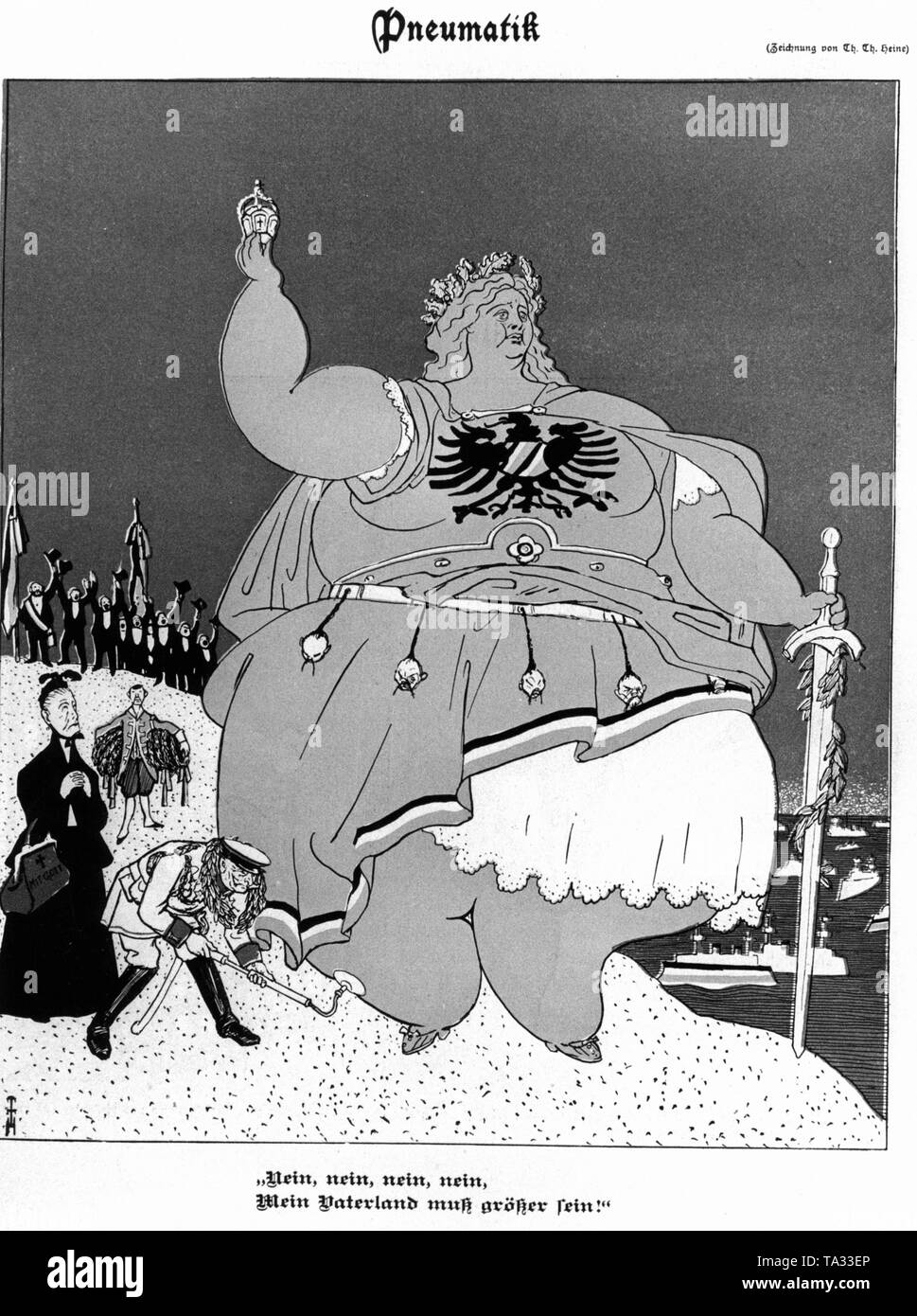 In the satirical German magazine Simplicissimus under the title 'pneumatic', cartoon of Germania doll with the phrase: 'No, no, my fatherland must be greater!'. In the background cheering citizens and warships at sea Stock Photo