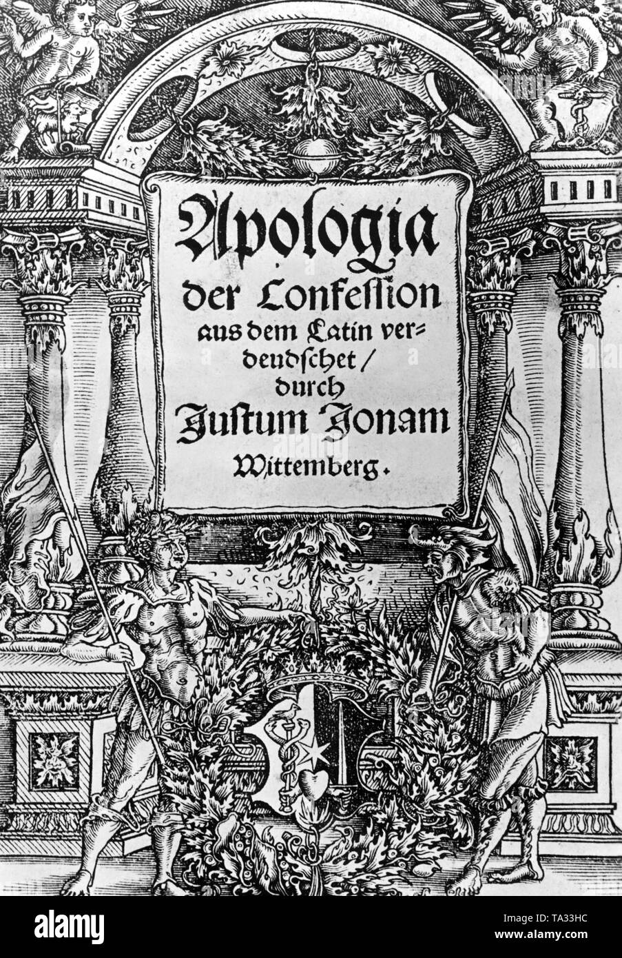 Title page of an early translation of the Apology of the Augsburg Confession by Justus Jonas the Elder. The Confessio Augustana forms the theological foundation of the Reformation, the Apology was intended to be a defense of the Augsburg Confession. Stock Photo