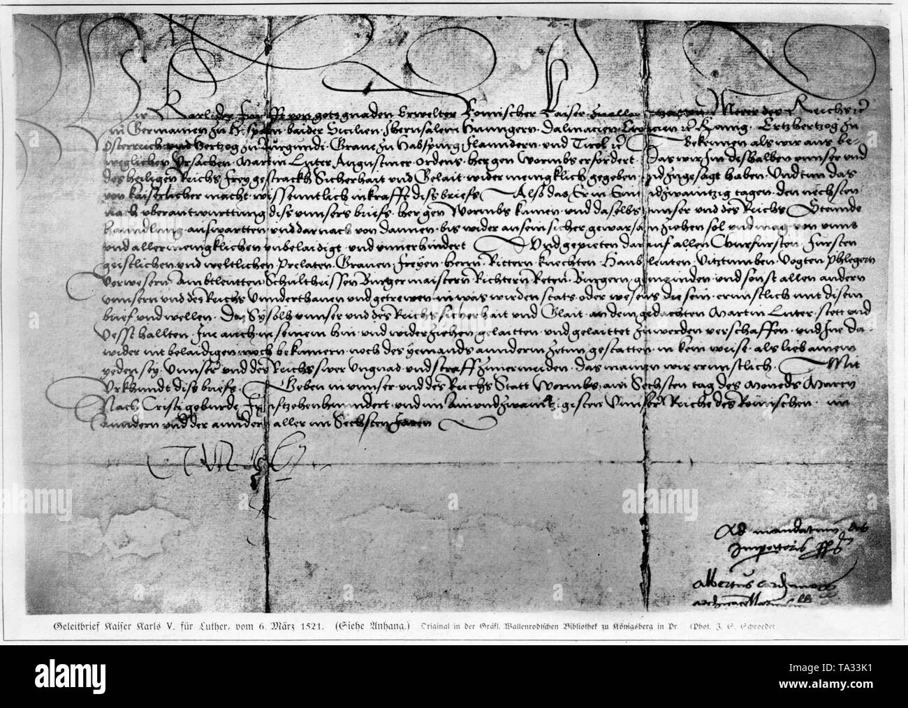 Writ of escort of Emperor Charles V from Konigsberg in Prussia (today's Kaliningrad in Russia) to Martin Luther from 6 March 1521. Stock Photo