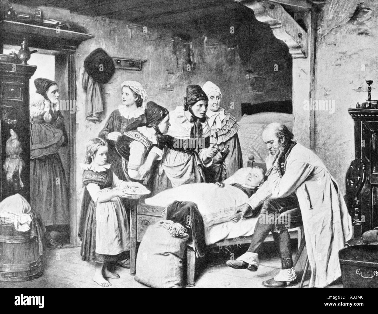 A doctor makes a home visit to a sick child. Undated photo, around 1890. Stock Photo