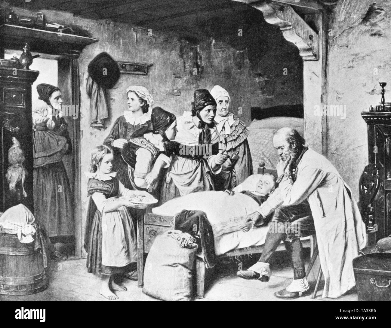 A doctor makes a home visit to a sick child. Undated photo, around 1890. Stock Photo