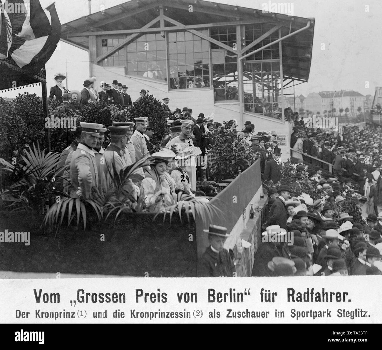 Crown Prince Wilhelm of Prussia and his wife Crown Princess Cecilie von Mecklenburg as spectators of the 'Grand Prix of Berlin' in the Sportpark Steglitz. Stock Photo